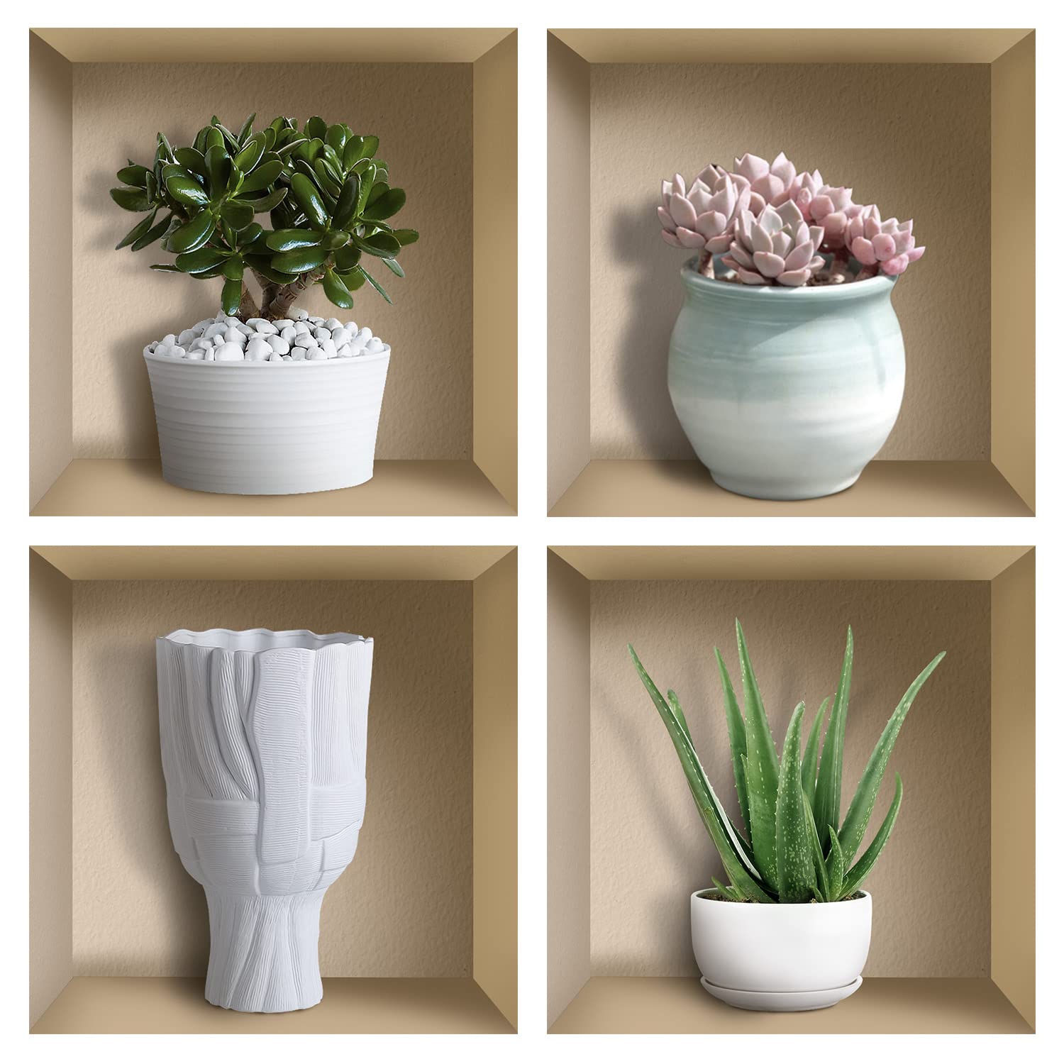 C CATWALLART3D Realistic Vase Window View Scenery Wall Decals, Wall Stickers Living Room, 3D Wall Art Removable, Plant Wall Stickers for Bedrooms Bathroom Kitchen Wall Decor (Set of 4,12”X12”)