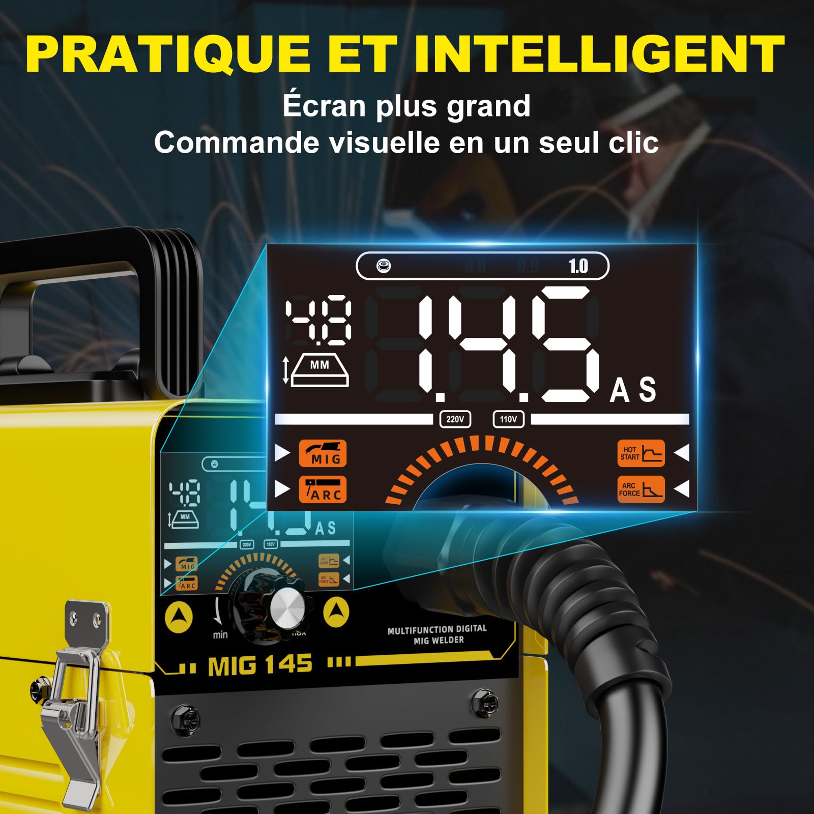 Haxiaoer 145A Poste a Souder Fil Fourré Sans Gaz, 3 en 1 Synergie Poste à Souder MIG (FCAW/MMA, ARC/Lift TIG), IGBT Poste a Souder Inverter avec Fil de 1.0mm, Démarrage à chaud, poussée d'arc, Jaune