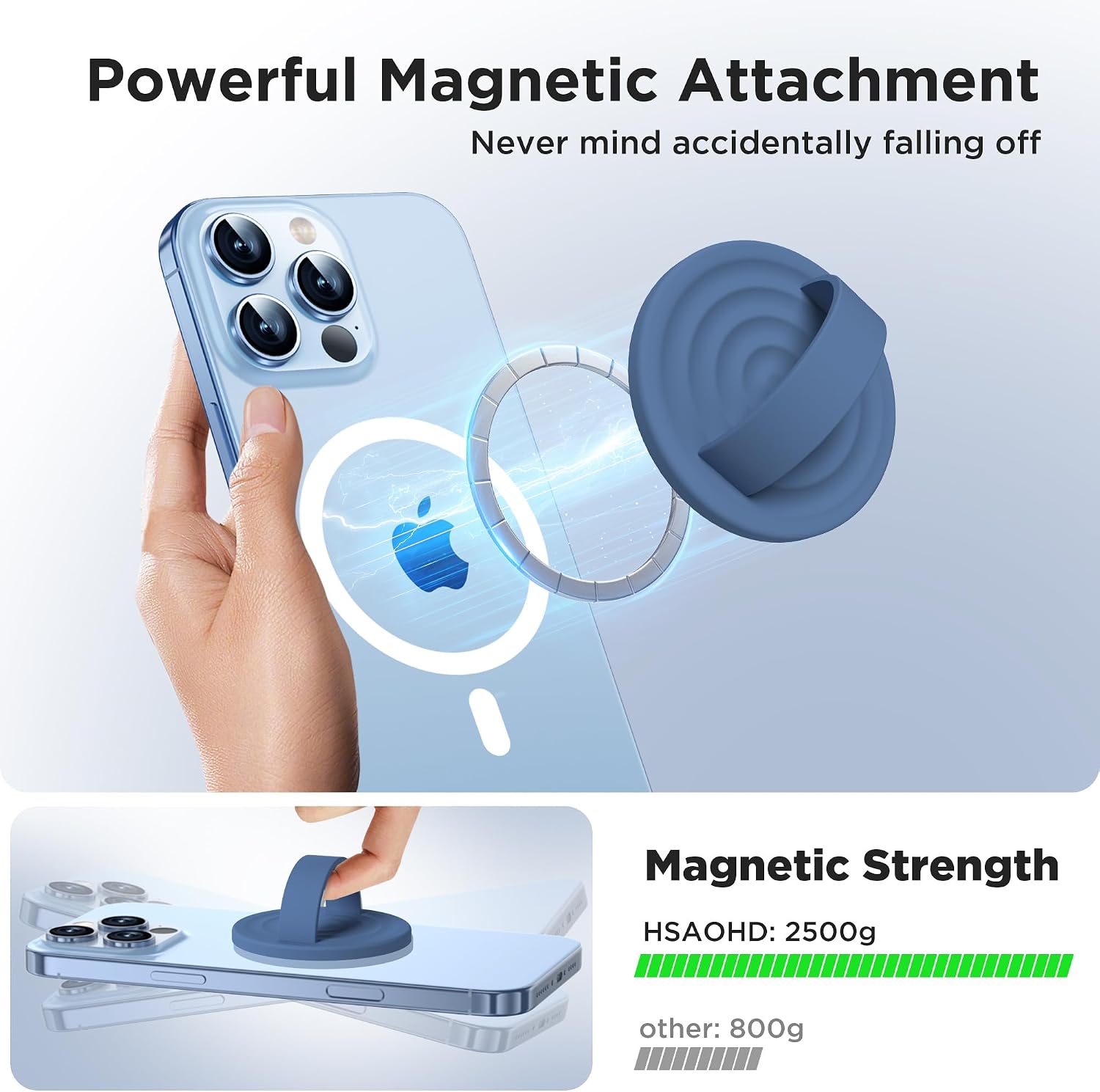 Upgraded Magnetic Phone Grip, Liquid Silicone Soft and Portable, Removable Finger Loop Ring Grip Holder for iPhone, Strong Magnetic Attraction, Compatible with MagSafe Phone Case, Azure Blue image 2