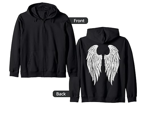 Side Angel Wings Back Print Zip Hoodie