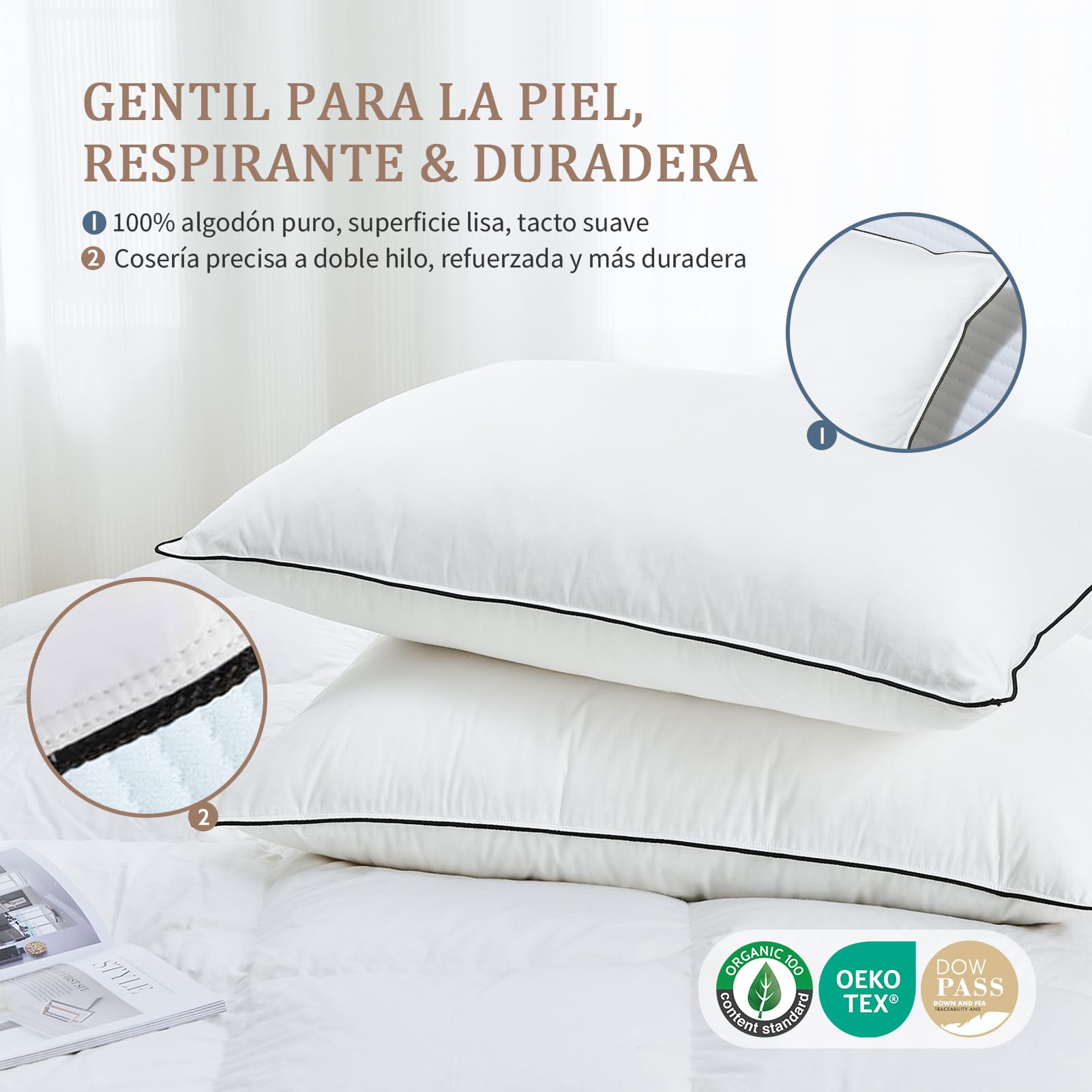 DWR Almohada de Plumón 50x75 cm (2 Unidades) | 3 Cámaras | 90% Plumón de Ganso Blanco Exterior | Mezcla de Plumas Interior | 100% Algodón Orgánico | Soporte Medio | RDS y Oeko-Tex