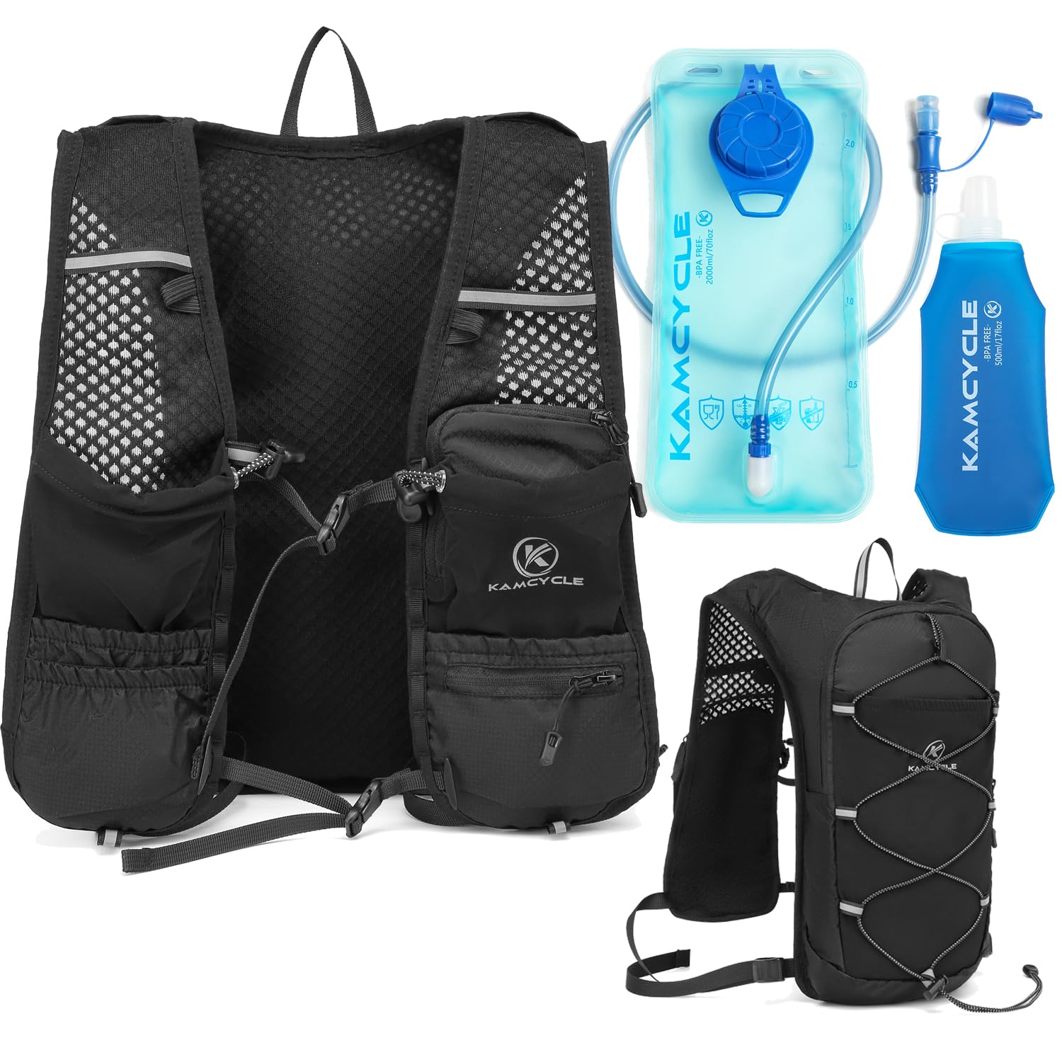 KAMCYCLE Running Hydration Vest Breathable,Hydration Backpack Water Backpack, Lightweight Phone Holder Running Vest ,Reflective Hi Vis for Women & Men (With 2L Bladder and 500ml Soft Flask)