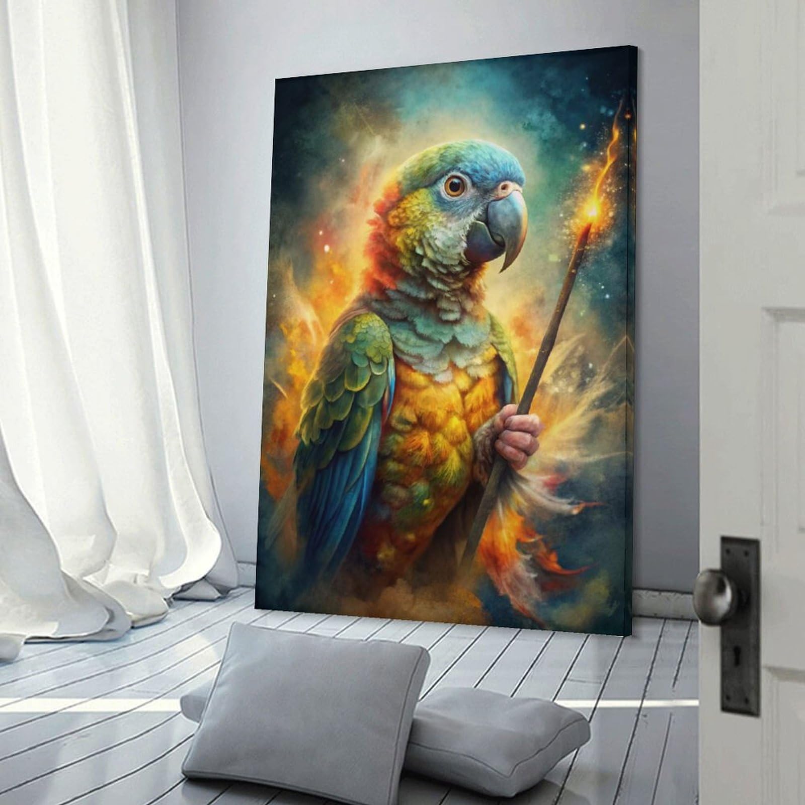 Junmoney Parrot Wizard with Magic Wand Wall Picture Print 16x24inch(40x60cm), for Home Office, Desk Area Or Studio, Home Office Artwork with Decorative Appeal