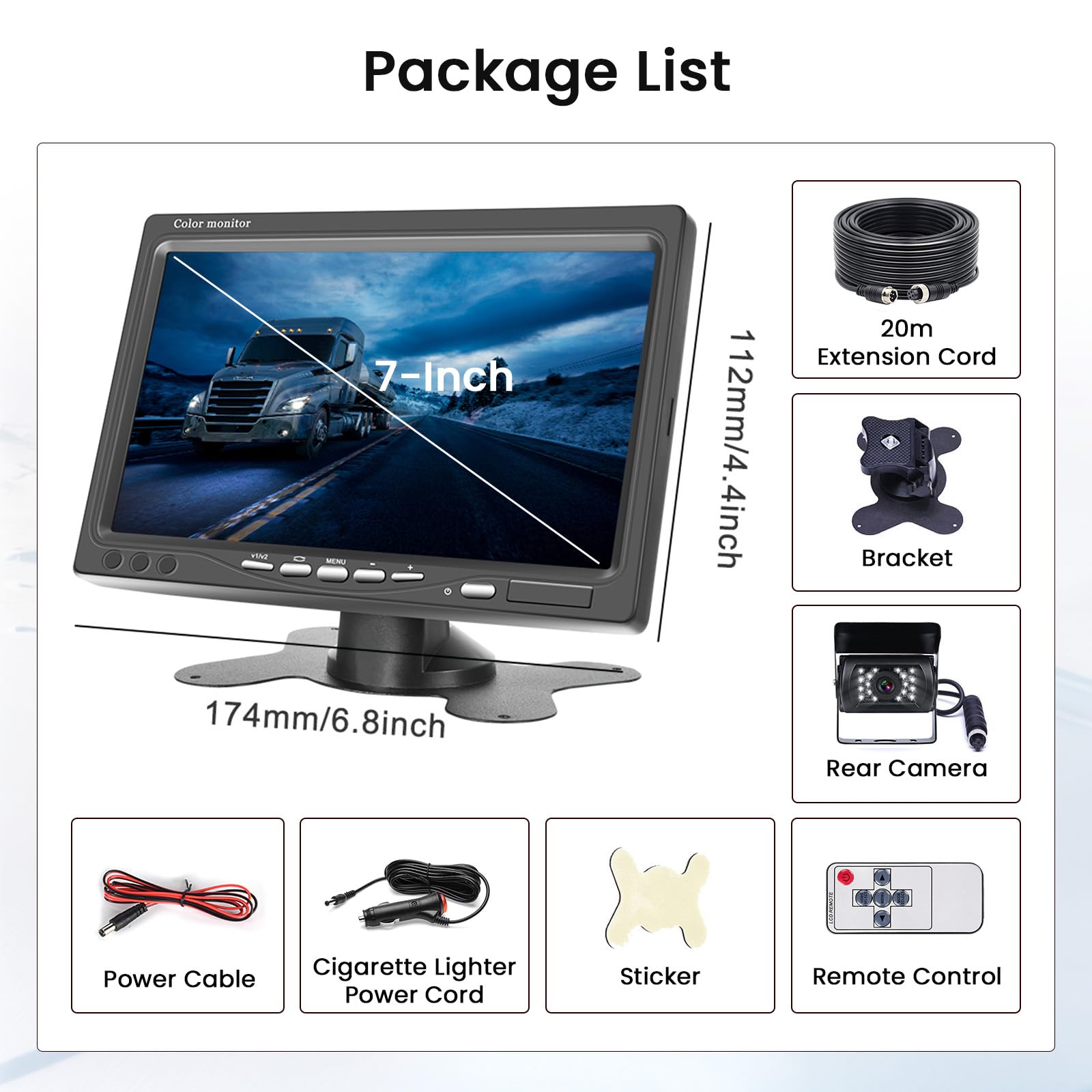 Inefala Kit Telecamera Posteriore con Monitor 7 Pollici +Telecamera di Retromarcias Impermeabile IP68 Grandangolo 170° Visione Notturna 18IR per Camion Camper Trattori 12V-24V +20M 4Pin Cavo Avionico