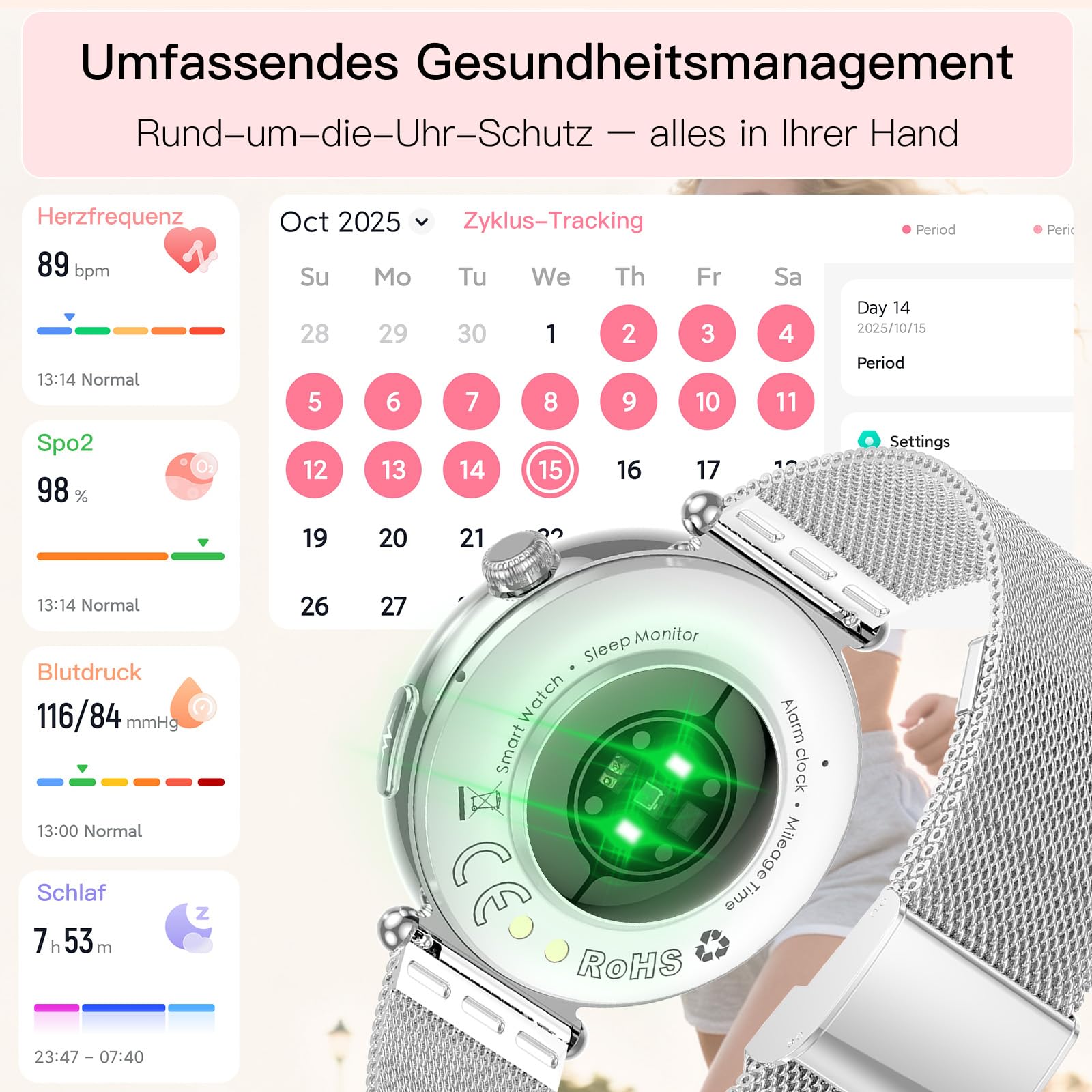 2026 Neu Smartwatch Damen mit EKG/Blutdruckmessung/Schlaf, 1,32"AOD Klein Runde Gesundheitsuhr mit AI-Zifferblatt &AI-Smart-Q&A,Bluetooth Anrufe/SpO₂/Puls/HRV/BMI/Stress/Menstruationszyklus Fitnessuhr