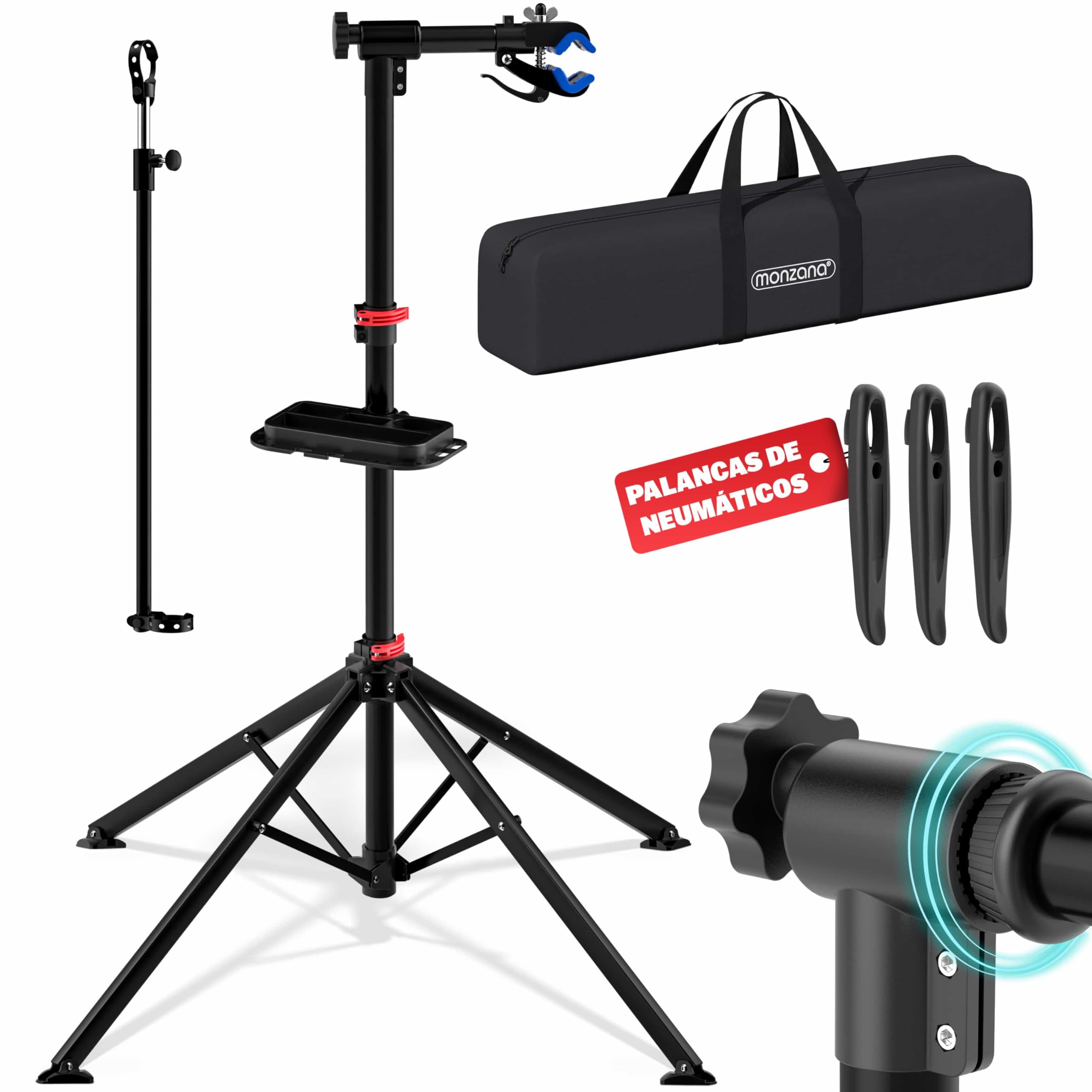 MONZANA® Caballete para Bicicleta Plegable Soporte Montaje Altura Regulable 108-190cm Barra Telescópica Giratoria 360° Estable con Bolsa Carga hasta 30Kg