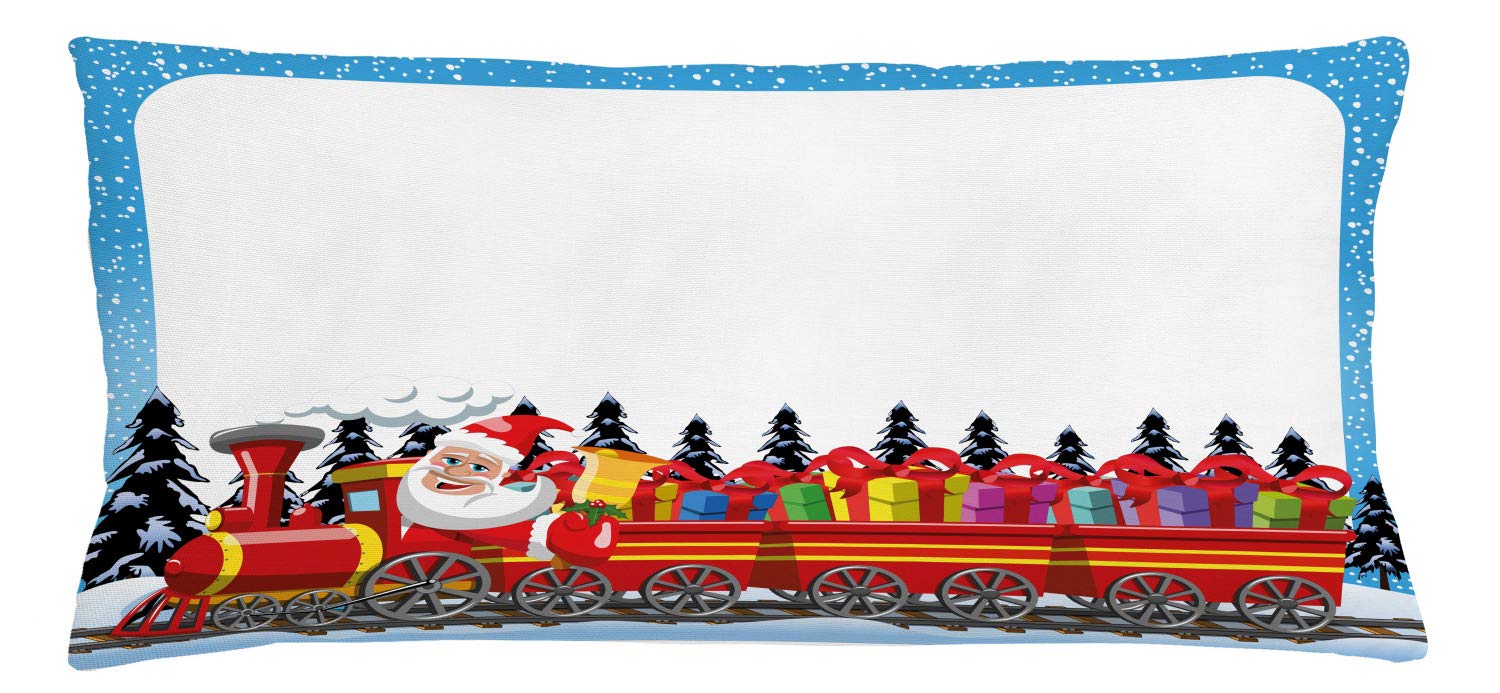 Lunarable Train Throw Pillow Cushion Cover, Santa's Steam Locomotive on Tracks in The Snow Cartoon Trees and Christmas Character, Decorative Rectangle Accent Pillow Case, 36