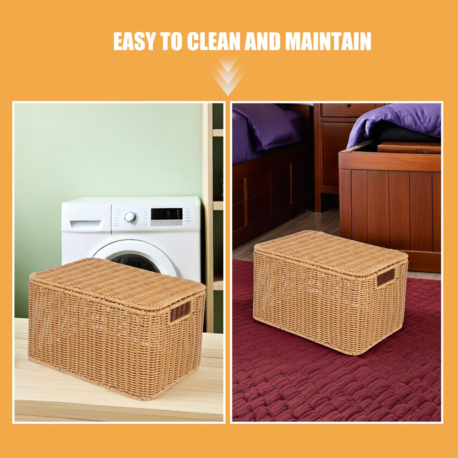 POPETPOP Cesta de Almacenamiento de Ratán Sintético, Cesta de Almacenamiento Rectangular con Tapa, Grande, Khaki, Ligera y Portátil para Juguetes, Maquillaje y Baño Hogar y Dormitorio