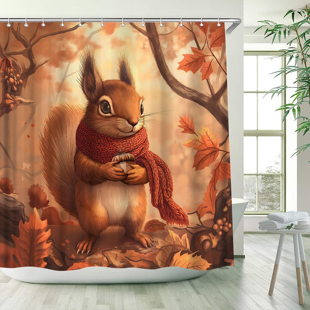 Fall Squirrel Shower Curtain Cute Animal Autumn Forest Red Yellow Maple Leaves Farmhouse Wildlife Thanksgiving Harvest Bathroom Decor Polyester Fabric Curtains with Hook 80Wx70H Inches