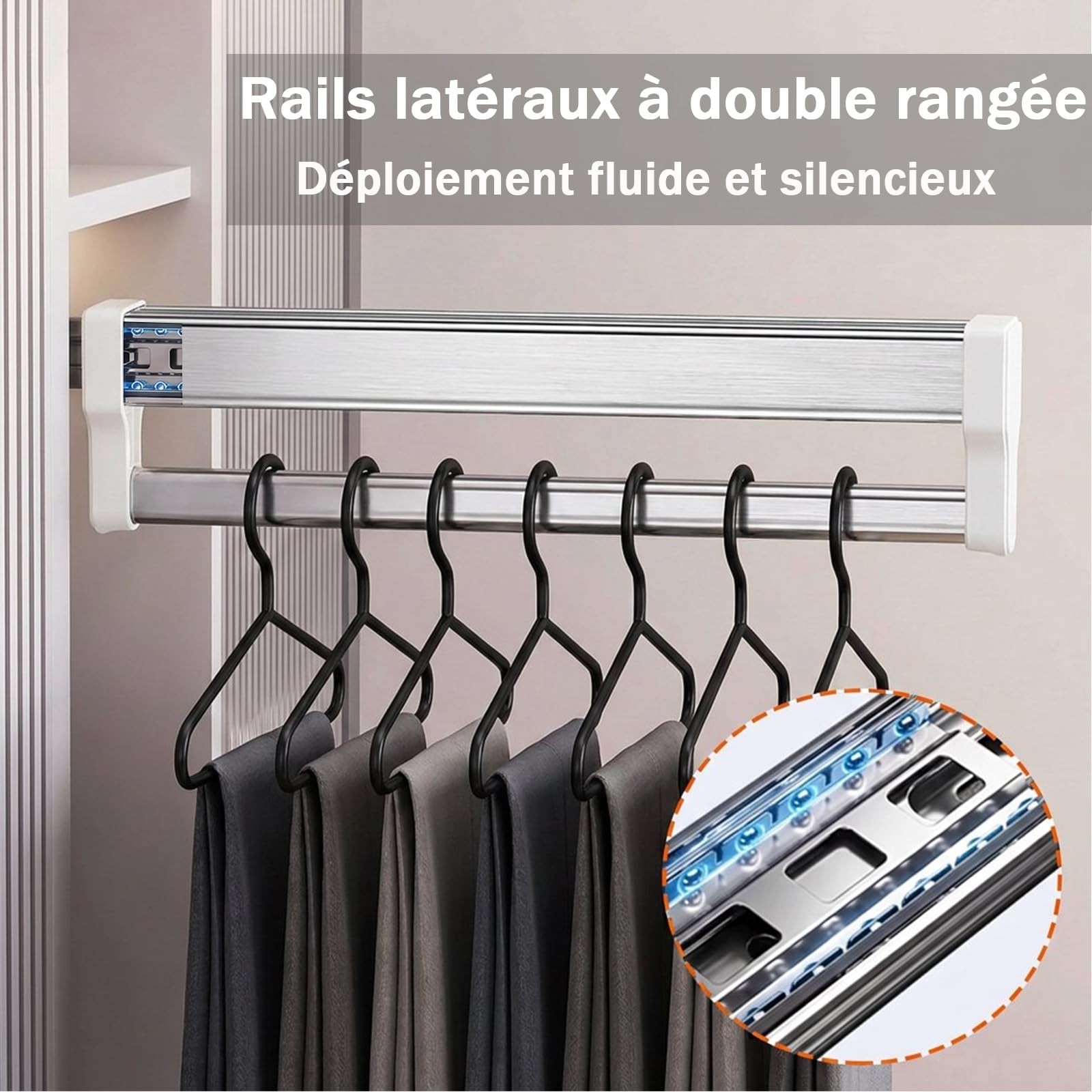 Tringle Penderie Extensible Coulissante Armoire Organisateur 792mm | Acier inoxydable robuste, charge 25kg, système push-pull coulissant, gain de place, rangement vêtements polyvalent