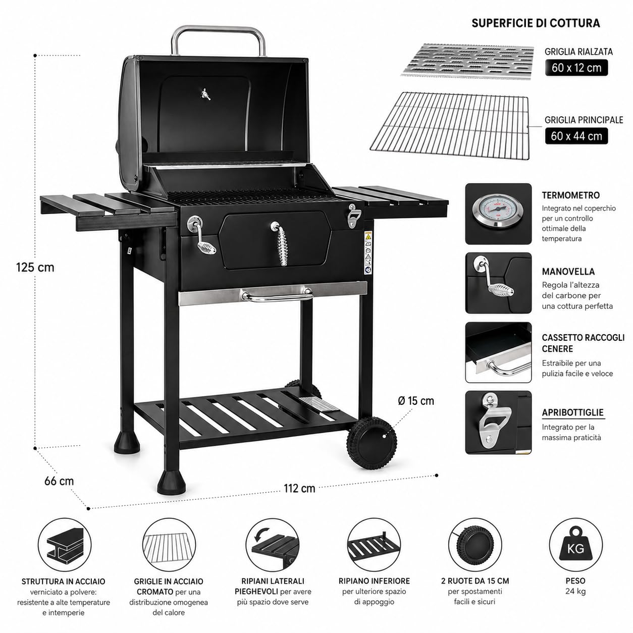MasterCook Barbacoa de carbón de acero con ruedas resistente y estable con doble parrilla, termómetro y ajuste de la cesta de barbacoa, barbacoa de carbón con estantes laterales