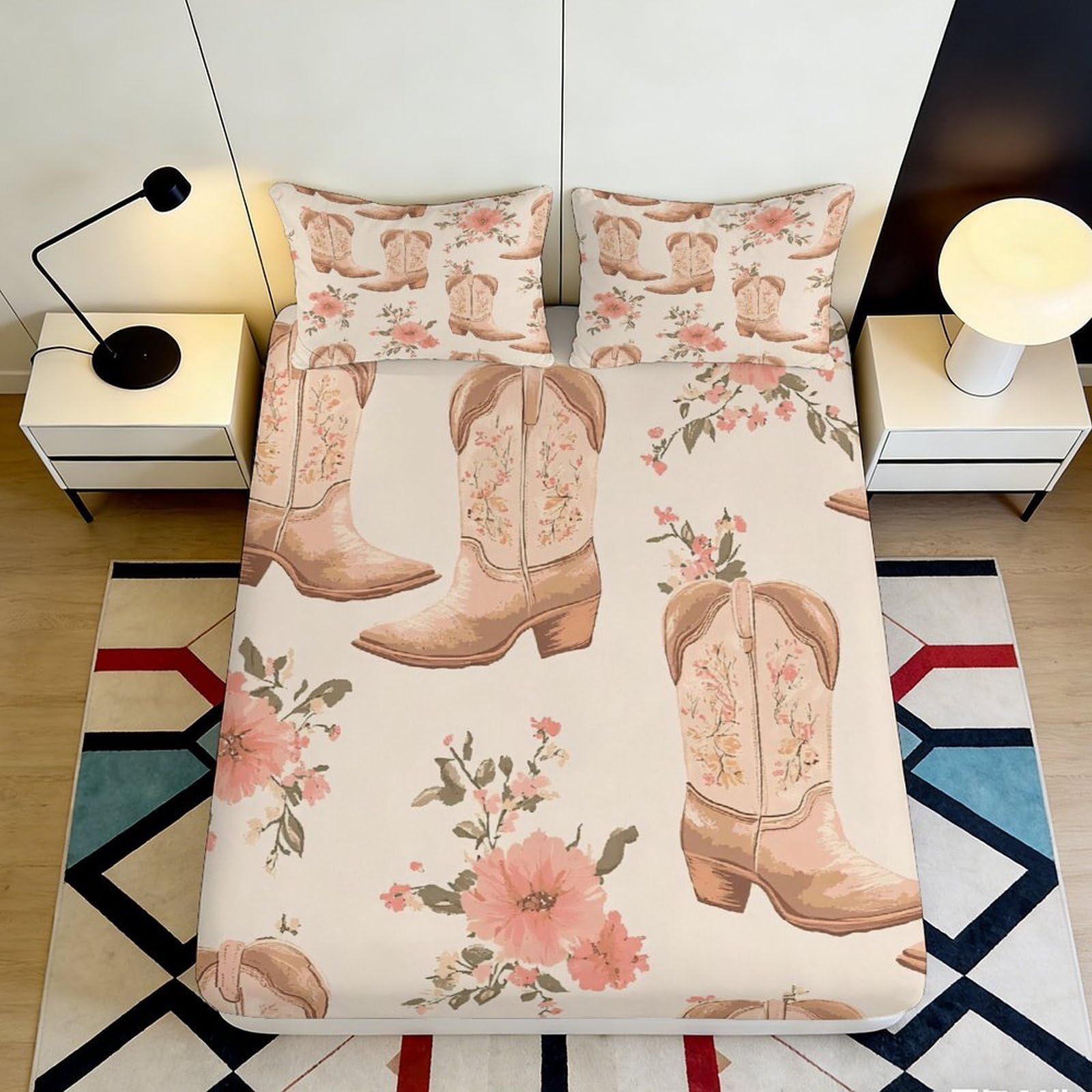 Pnayamiorkfel Style-9 3D Printed Floral Cowboy Boots Fitted Sheet Microfiber Soft Decorative Bed Cover For Bedroom Dorm Protection 90X200x25cm