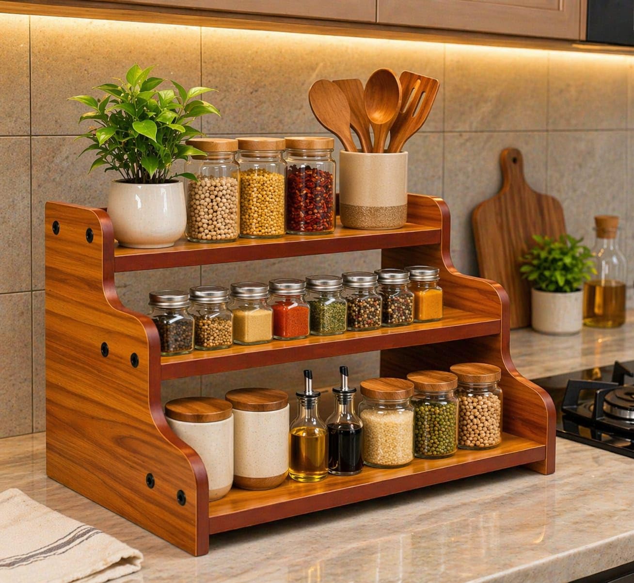 Wixidoor 3-Tier Spice Rack, 13.8 Inch Wood Step Shelf Countertop Spice Storage Holder, Kitchen Pantry Cabinet Organizer Cupboard for Spice Bottles, Jars, Seasonings, Baking Supplies,