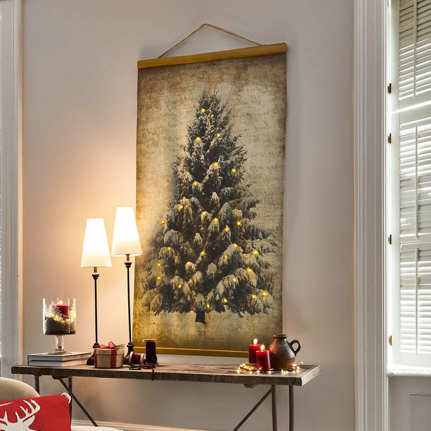 Loberon Gussers Stampa con luci a LED - con Elegante Finitura Anticata - Illuminazione con 44 Lucine a LED, Beige/Marrone