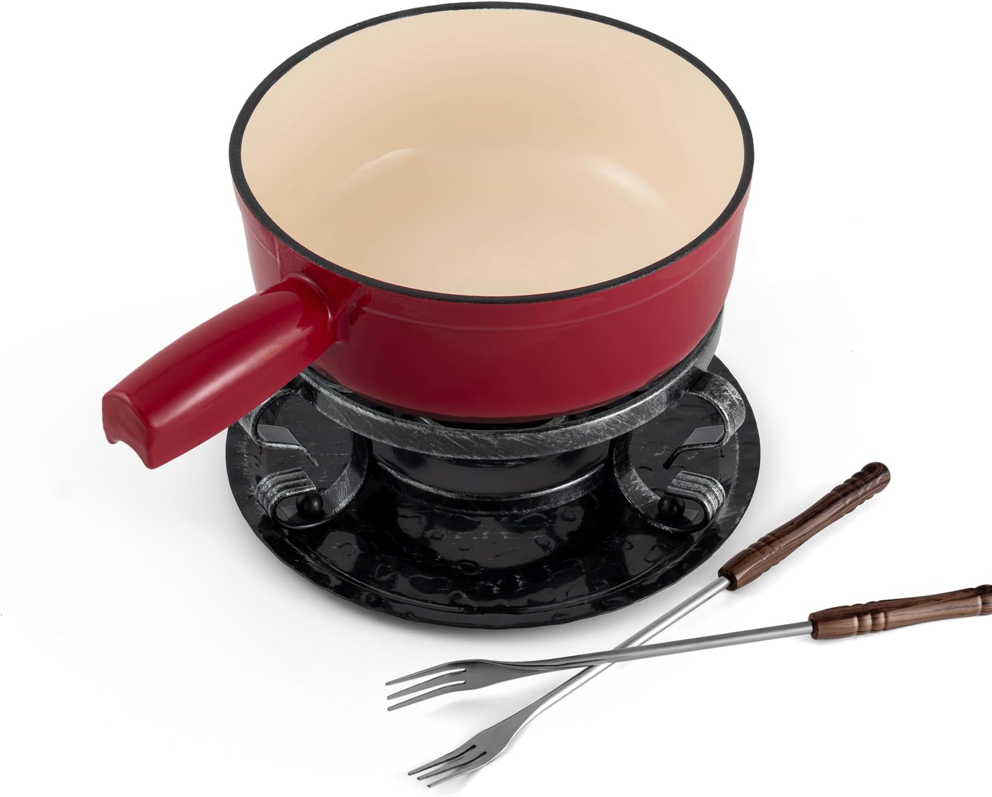 Lugano Cast Iron Cheese Fondue Set, 9-Piece, 2 QT / 2 L - Ideal for Melting Cheese, Chocolates, Caramel, & More - Perfect for Kitchen Collection & Gift Giving - Cherry Red