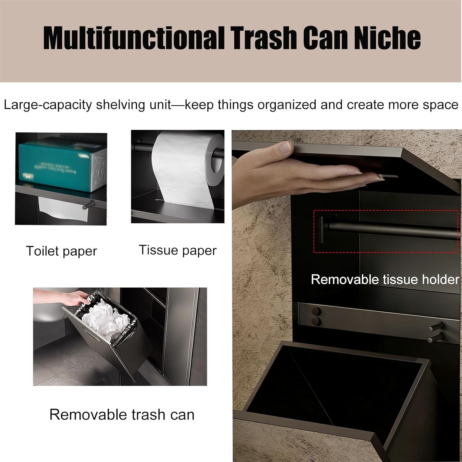 Small Bathroom Recessed Trash Can Toilet Paper Holder Combo Wall Niche, Tileable Hidden Shower Niche, Space-Saving Storage Niches(White)