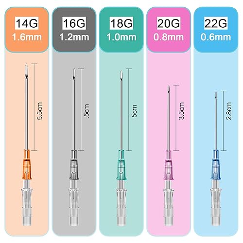 Miniatura 2 de Kit profesional de agujas de catéter para piercing, 50 unidades, 5 tamaños en 1 caja (14G16G18G20G22G)  Agujas esterilizadas de grado médico para