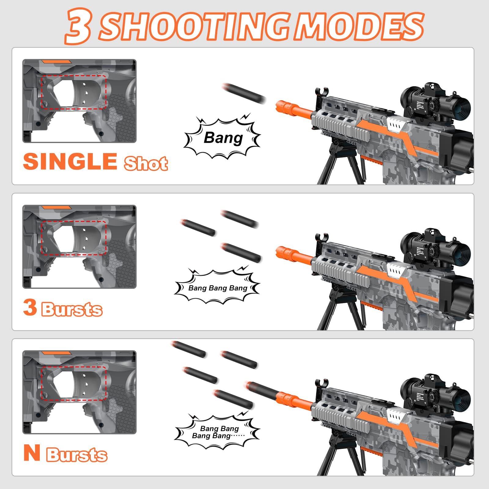 Elektrisches Spielzeuggewehr für Nerf Sniper mit Zielfernrohr, 3 Modi, wiederaufladbar, mit Zweibein, 2 Magazinen & 100 Darts -Grey-NEW