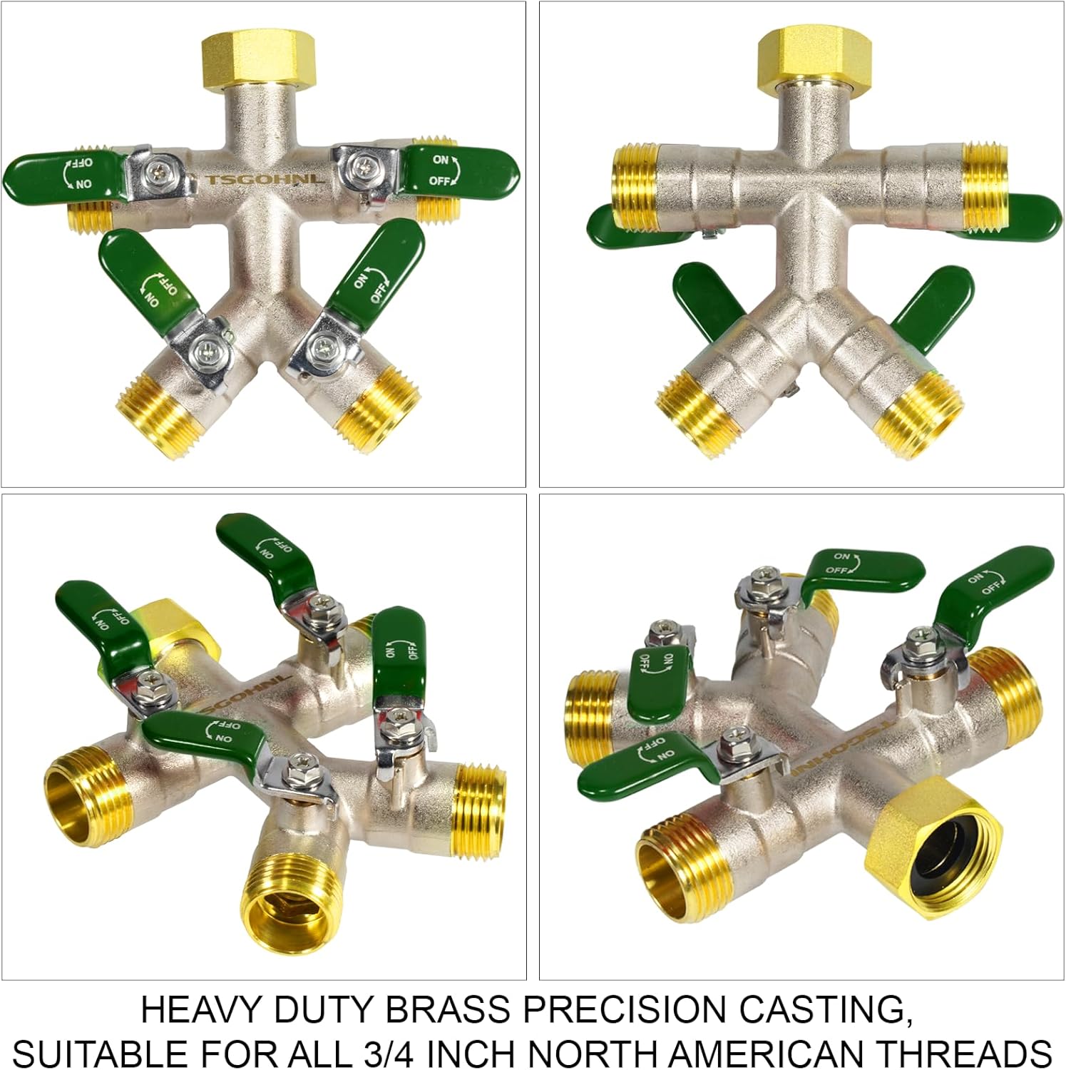 Heavy Duty Brass Garden Hose Splitter, Freeze and Sun Resistant Outdoor Faucet 4 Way Valve, Nickel Plated for Rust Resistance, 3/4” GHT (green)