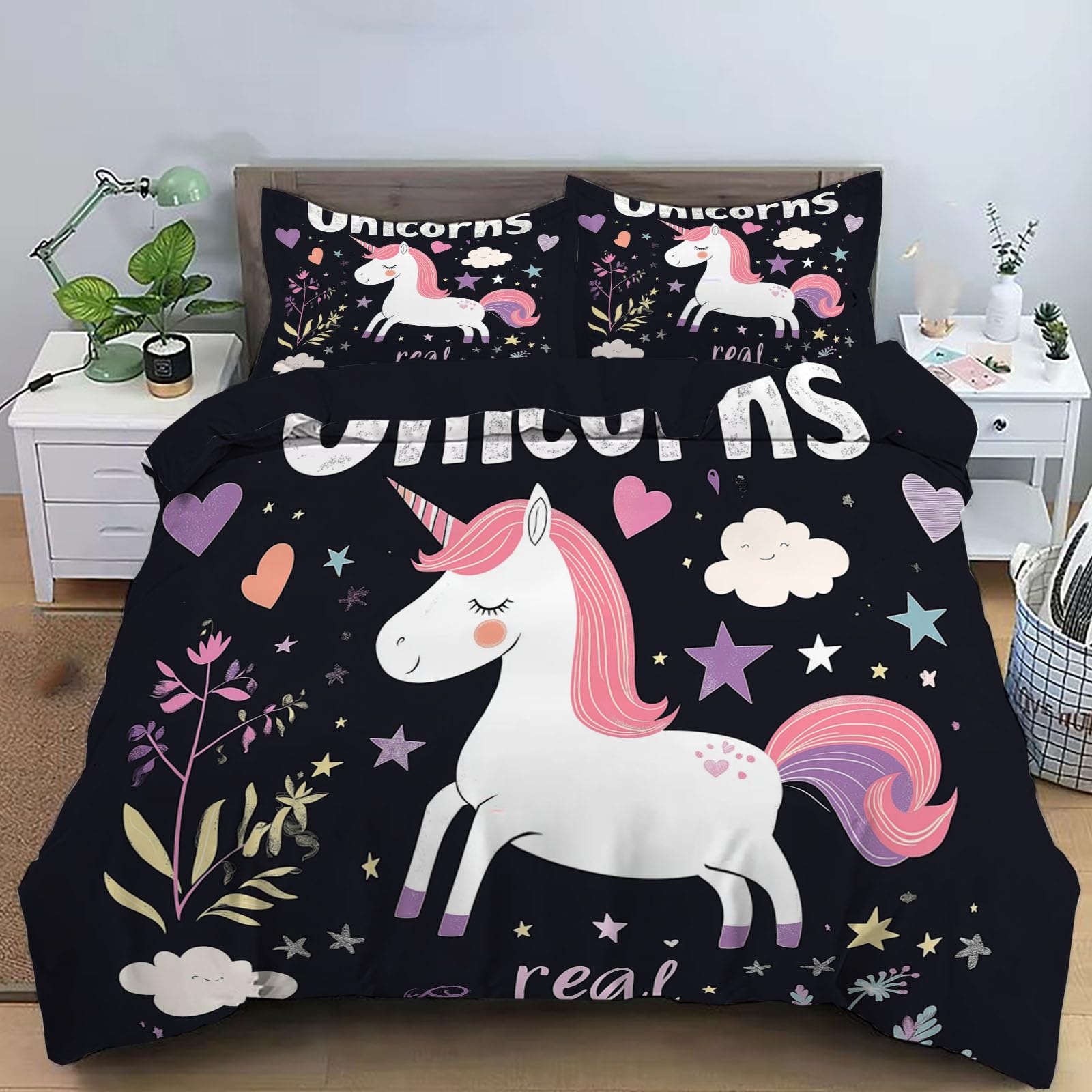 Housse de couette poney 260x240 cm réversible en microfibre douce pour lit enfant