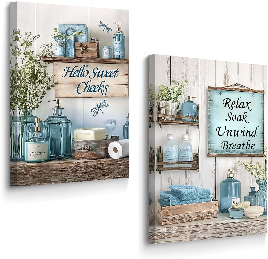 BJYCHG Farmhouse Bathroom Wall Decor 2 Pieces Rustic Bathroom Picture Quotes Sign Canvas Prints Vintage Flower Bottles Painting for Toilet Laundry Framed (Blue, 12x16inchx2 Pieces)