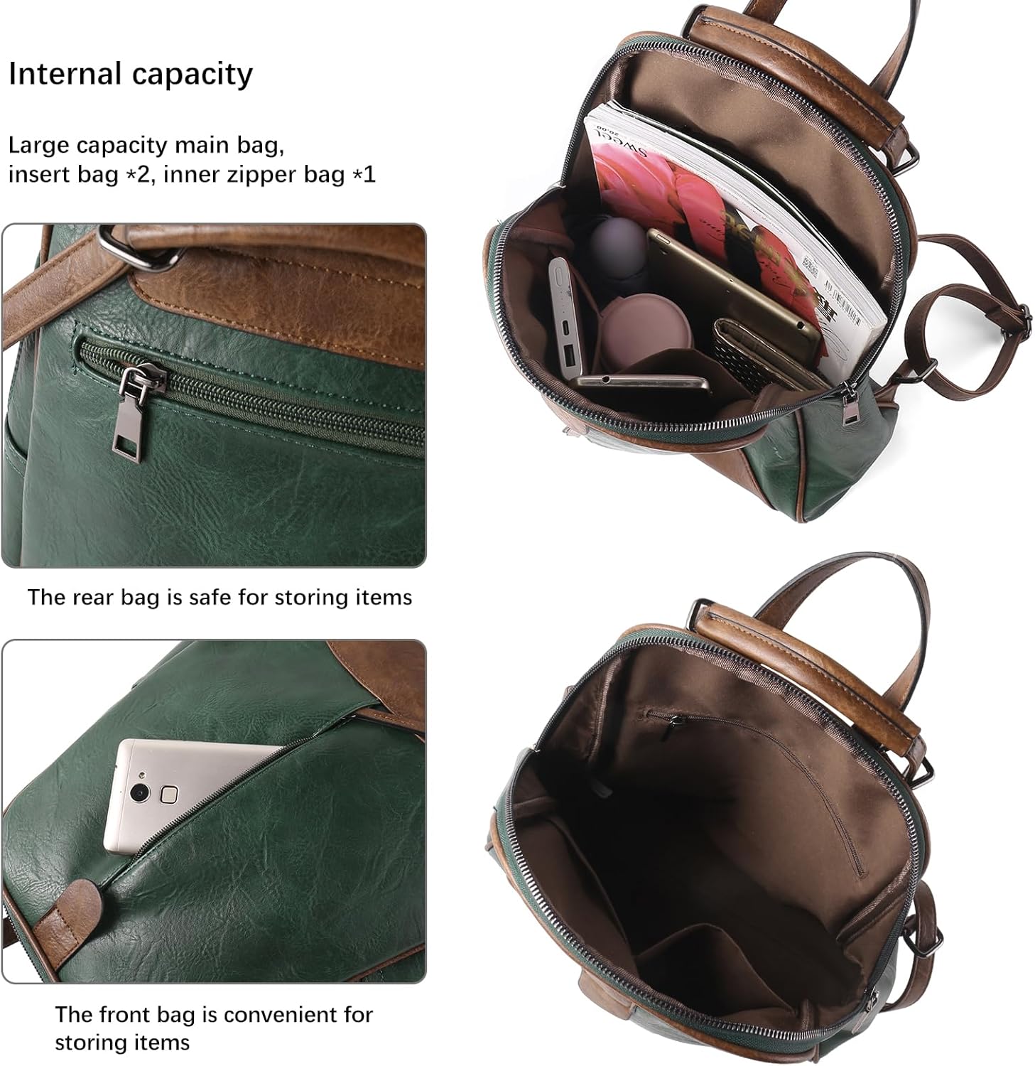 ZWSHEXUAN Vintage Style Leather Backpack Womens Backpack Travel Fashion Designer Ladies Shoulder Bags with Wristlet (Dark green) - Image 5
