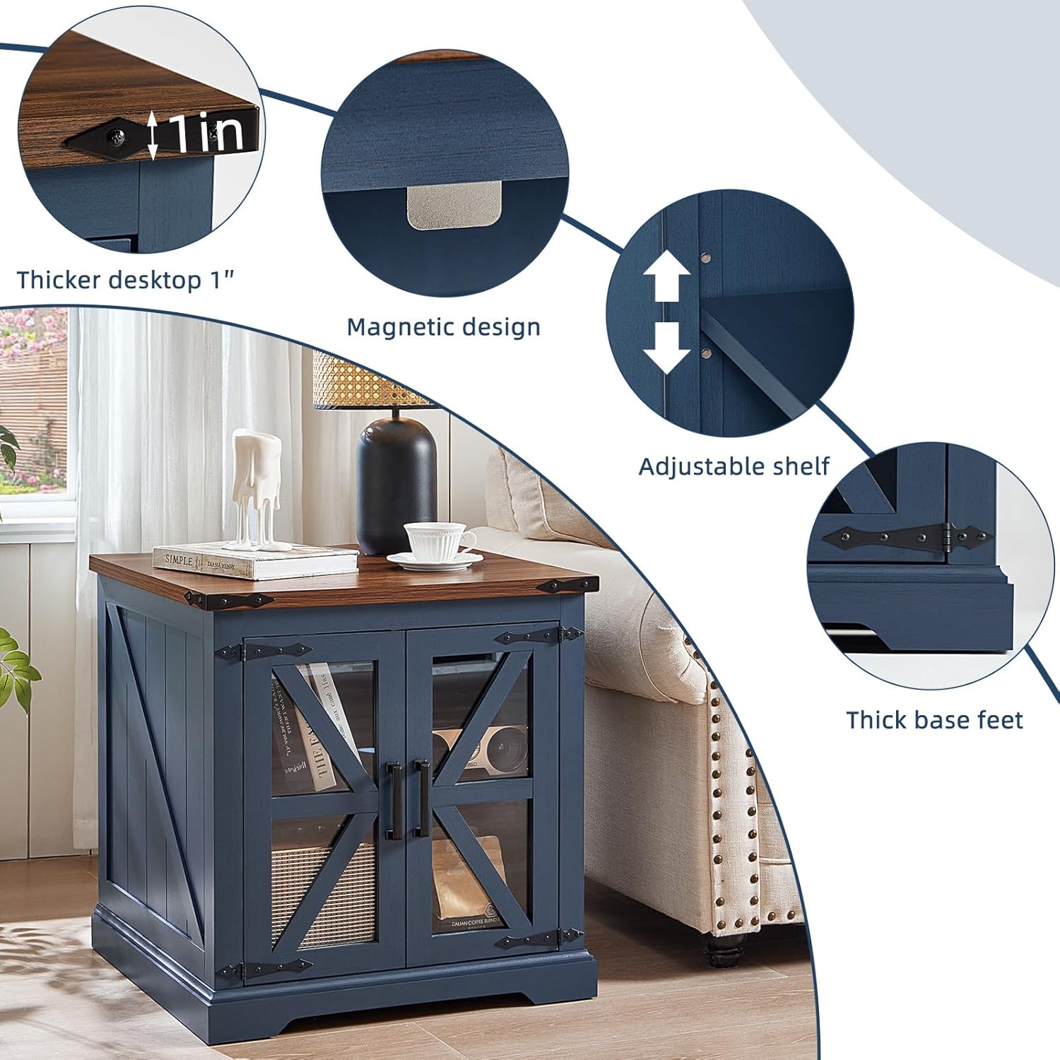 Farmhouse End Table Set of 2 with Charging Station, 24" Large Sofa Side Table with Glass Barn Door, Night Stand with Adjustable Shelf, Wood Nightstand, Square Bed Side Table for Living Room,Bedroom