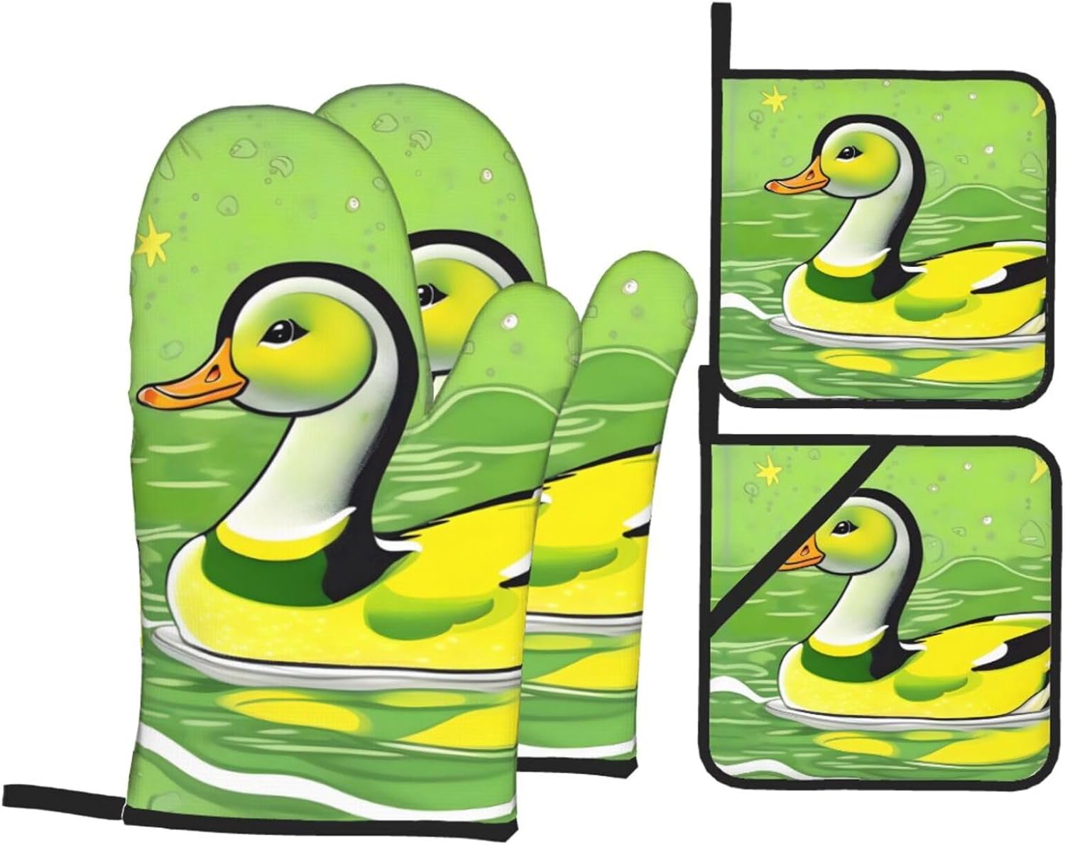 Green Duck Oven gloves and heat-resistant mat 4-piece set. Suitable for grilling, microwave oven frying, and baking