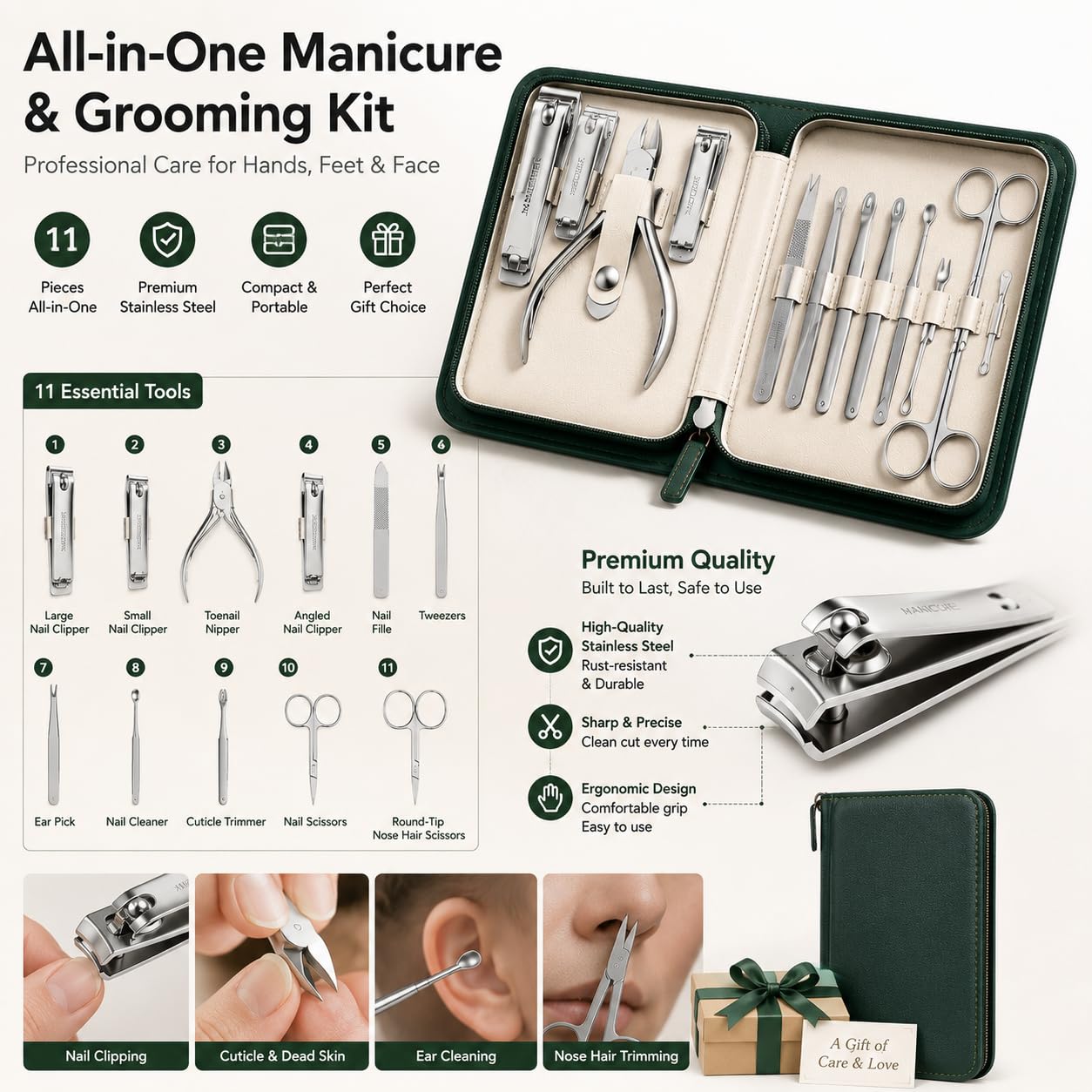 11-Piece Manicure Set, Stainless Steel Nail Clipper Kit, Professional Manicure Pedicure Grooming Kit with Travel Case, Nail Care Set for Men & Women