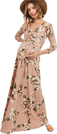 Womens Maternity Dress Maxi Long Length with Belt for Baby Shower, Photoshoot Blush/Taupe, M