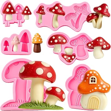 Mushroom Fondant Mold, 6 Piece Chocolate Mold for Cake Candy Polymer Clay Gummy Crafting Projects Cupcake