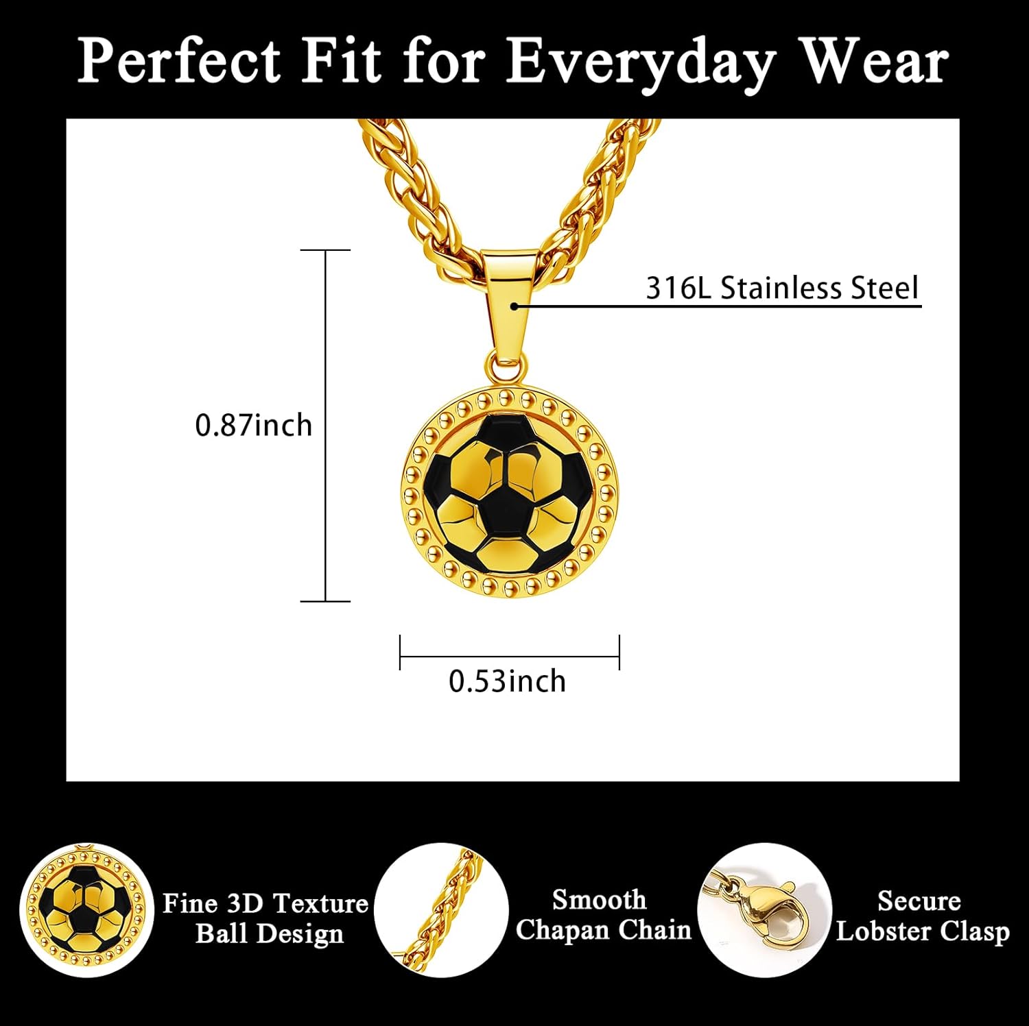 Soccer Necklace for Boys Basketball Baseball Football Fanatic Gifts Stainless Steel Thick Wheat Chain Sport Jewelry Gift for Sprots Fan Men Teen Boys Girls - Birthday Christmas Valentine Gifts - Image 2