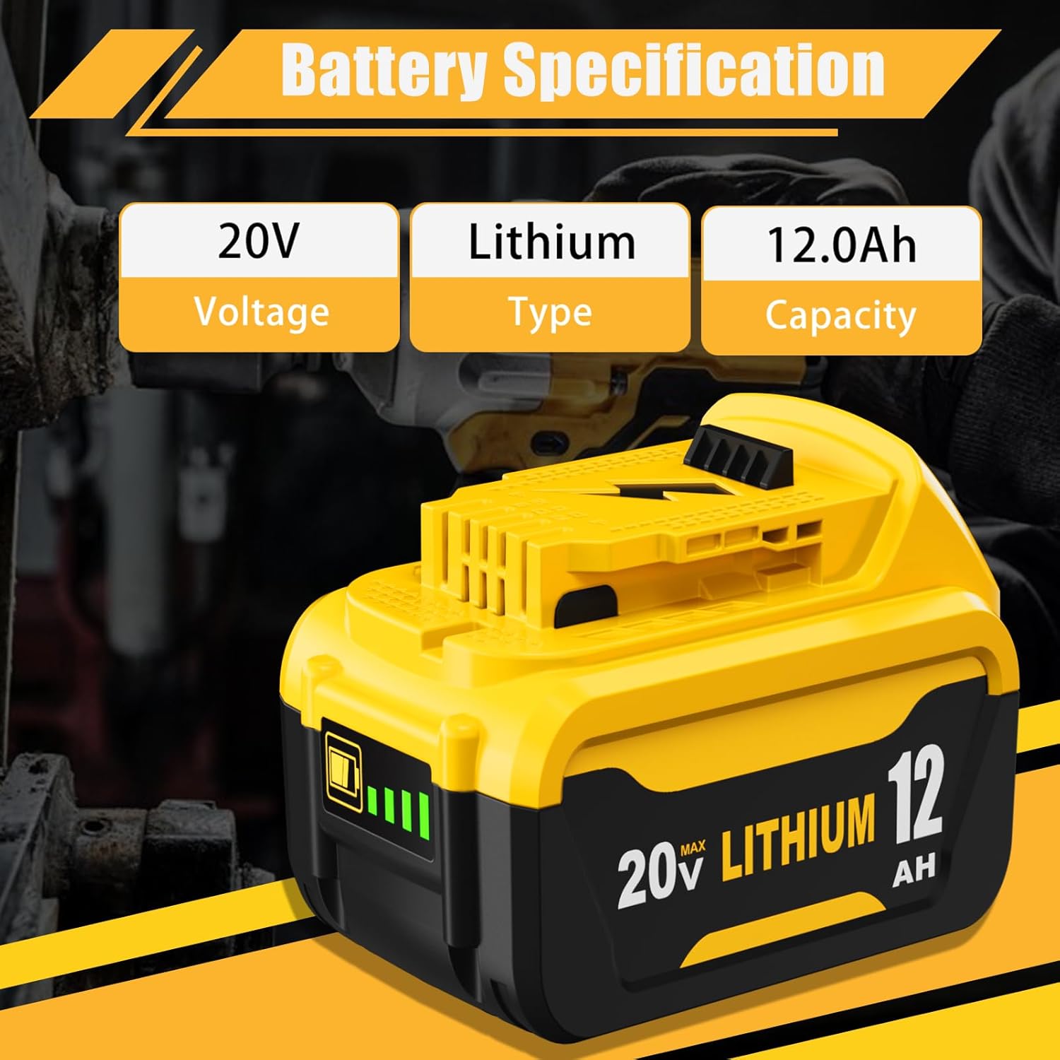 2Packs 12000mAh DCB206 Replacement for Dewalt 20V Max Battery 12.0Ah and DCB107 Charger Combo Compatible with Dewalt 20V Battery Lithium DCB207 DCB206 DCB204 DCB200 DCB201 DCB203 Series Tool (Yellow)
