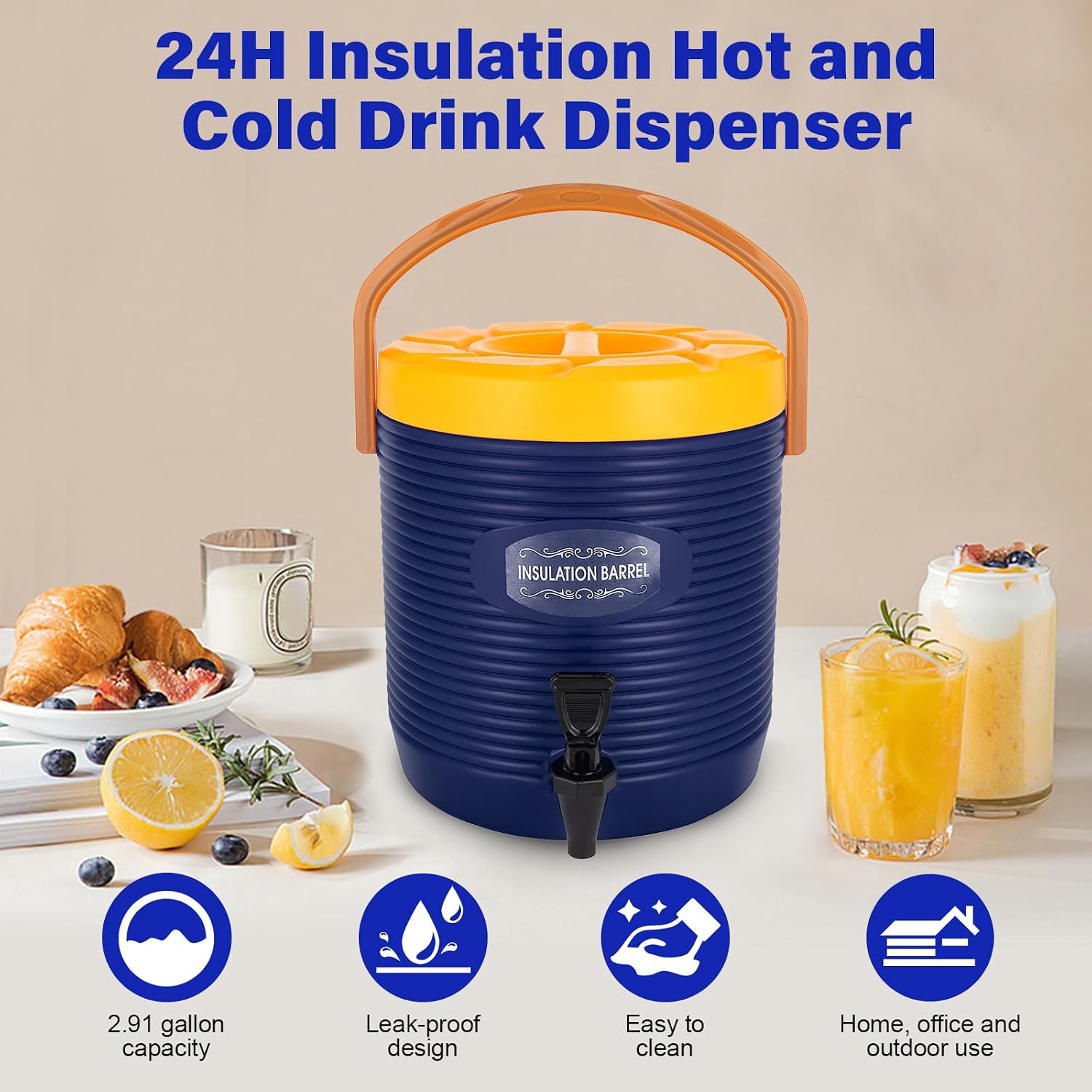 Hot and Cold Drink Dispenser with 2.91 Gallons - Insulated Container with Faucet - Insulated Beverage Dispenser - for school canteens, hotels, restaurants, cafes, beverage shops (Blue)