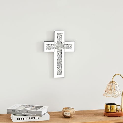 Miniatura 5 de Aeveco Espejo de cruz plateada para decoración de pared, cruz de espejo de diamante aplastado de cristal para sala de estar, dormitorio, decoración