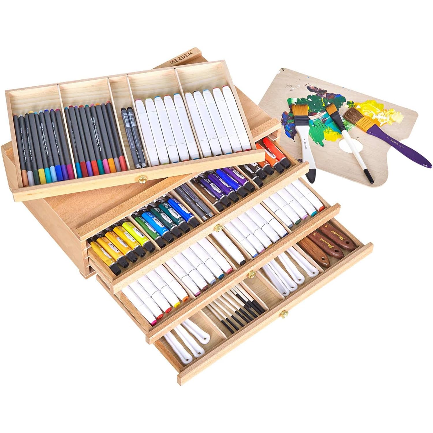 MEEDEN Aufbewahrungsbox für Künstler, 4 Schubladen, tragbar, Buchenholz, für Künstler und Pinsel, Aufbewahrungsbox mit Fächern und Schublade für Pastellstifte, Bleistifte, Stifte, Marker, Pinsel