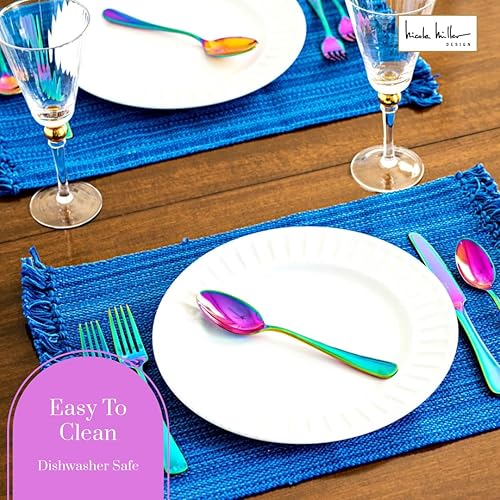 Miniatura 6 de Nicole Miller - Juego de cubiertos de 20 piezas, diseño de arcoíris, modernos utensilios de cocina de acero inoxidable para un comedor elegante,