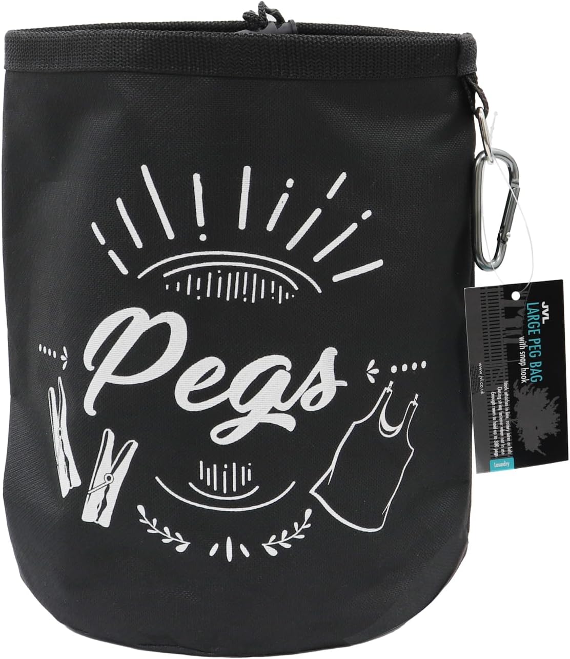 JVL Large Waterproof Peg Bag with Draw String Closure and Hanging Snap Hook, Black, 08-040