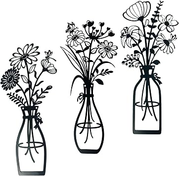 Zcblcyj 3 Pieces Metal Flowers Wall Art Set Handcrafted Floral Metal Wall Decor with Textured Finish, Elegant Iron Flower Wall Art for Living Room, Bedroom, Bathroom Decoration Black