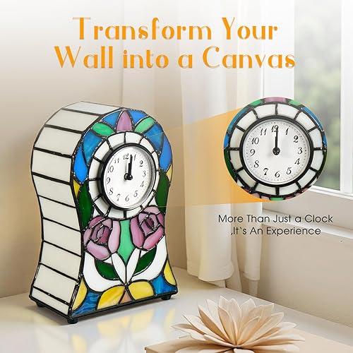 Miniatura 5 de Lámpara de mesa estilo Tiffany con forma de campana con patrón de rosas, lámpara de reloj creativa, luz de vitral, decoración, dormitorio, mesita de