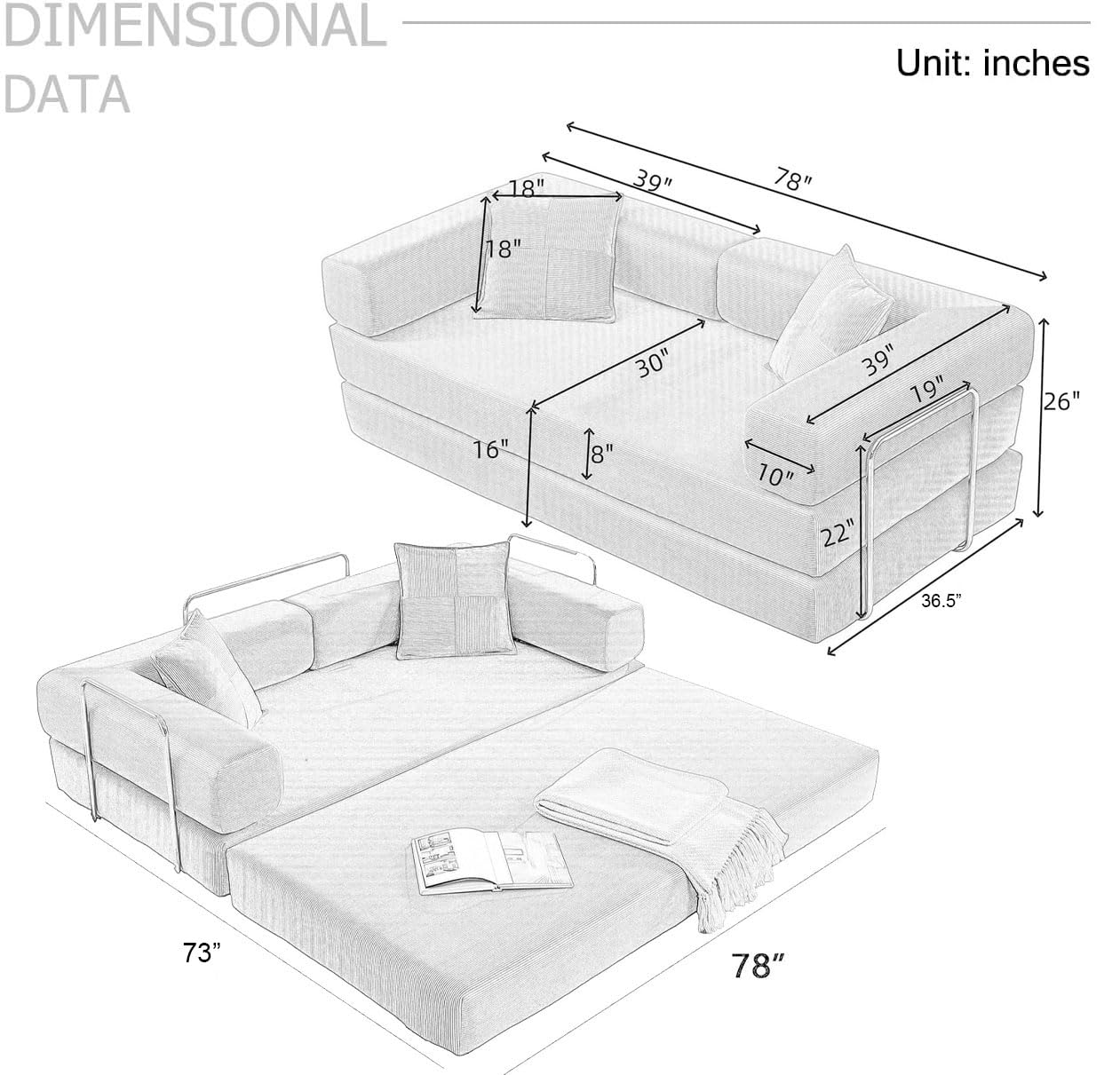 HANXIN 78 Inch Convertible Sleeper Sofa Bed, Folding Floor Mattress Couch with Fixed-Shape Frame, Futon Boneless Couch Lounge Loveseat with Pull Out Bed, No Assembly Required (Beige)