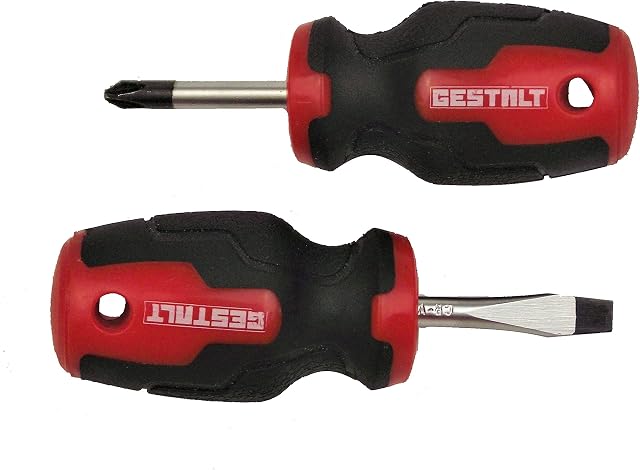 Gestalt Tools Stubby Screwdriver Set - Philips Ph2 x 38mm and Flat Head 6mm x 38mm Compact Screwdrivers with Short Shaft and Magnetic Tips
