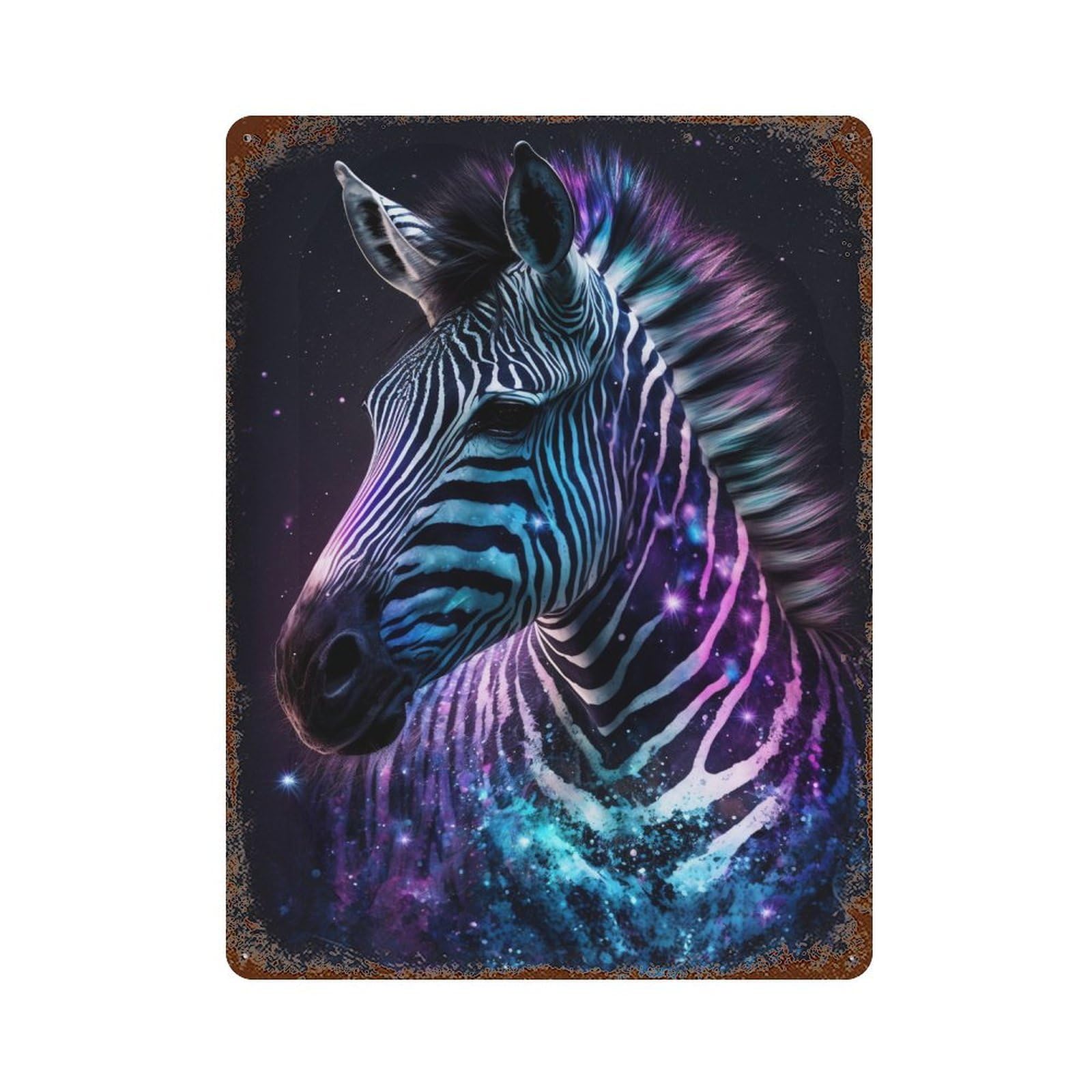 Galactic Zebra Art Print -3 Rust Effect Tin Sign 15.7"x11.8", Rustic Home Decor for Cafe, Home Bar And Lounge Decor