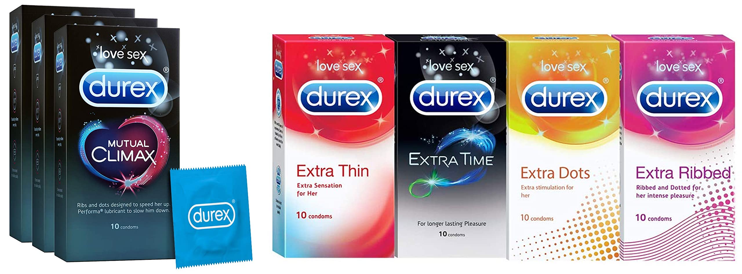 Durex Multi-pack Condoms for Men (Extra Time, Extra Dotted, Extra Ribbed) - 10 count (Pack of 4) & Mutual Climax Condoms for Men & Women - 10 Count (Pack of 3) | Extra Dotted and Ribbed-picture-14