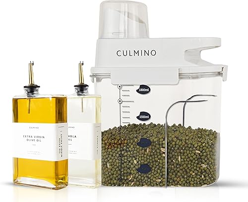 Dispensador de aceite y recipiente hermético para cereales, paquete de 2 botellas de vidrio para vinagre y aceite + dispensador de arroz y cereales