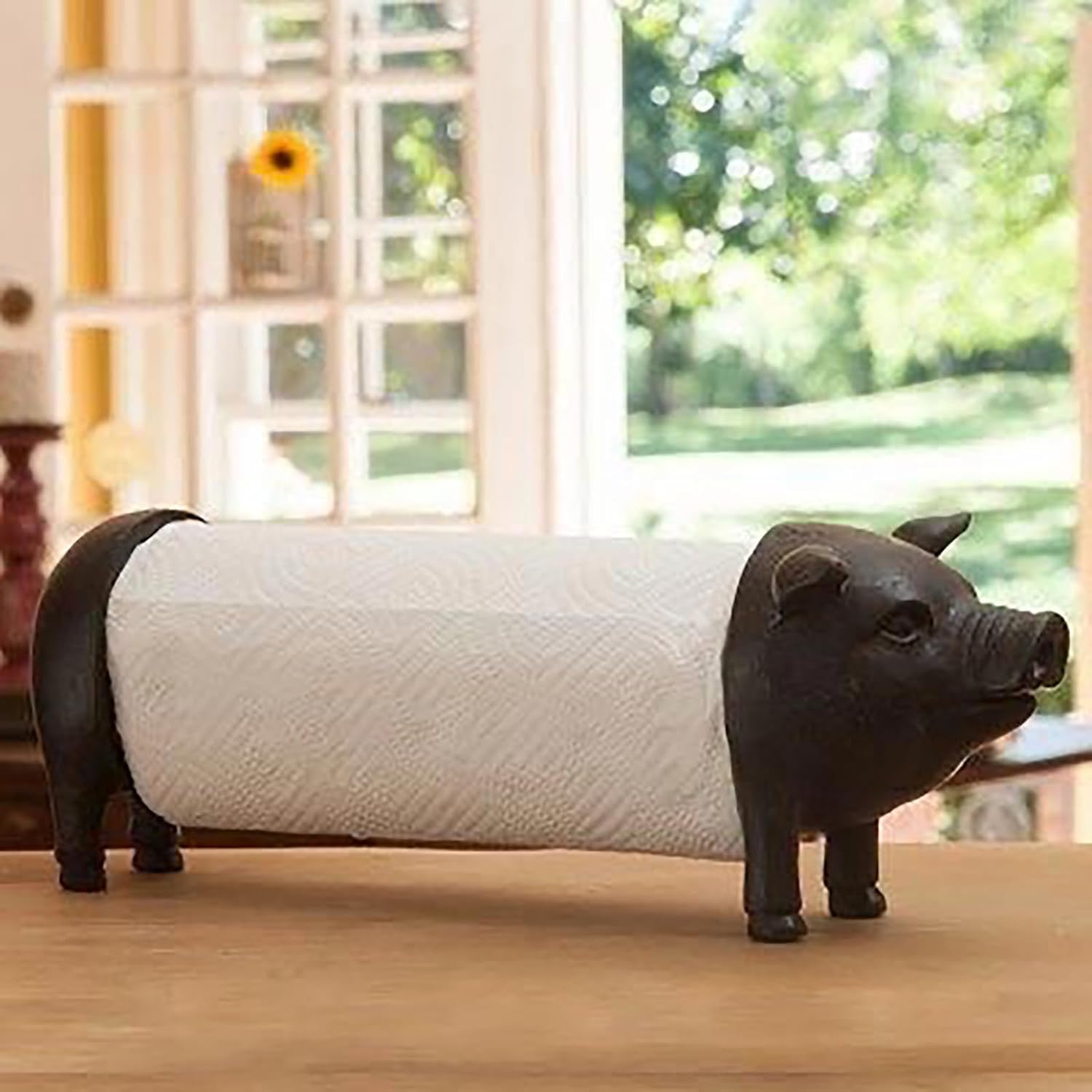 Black Pig Paper Towel Holder Farmhouse Paper Towel Holder, Rustic Country Decorative Standing Utensil for Kitchen, Vintage Animal Tissue Towel Display Stand,