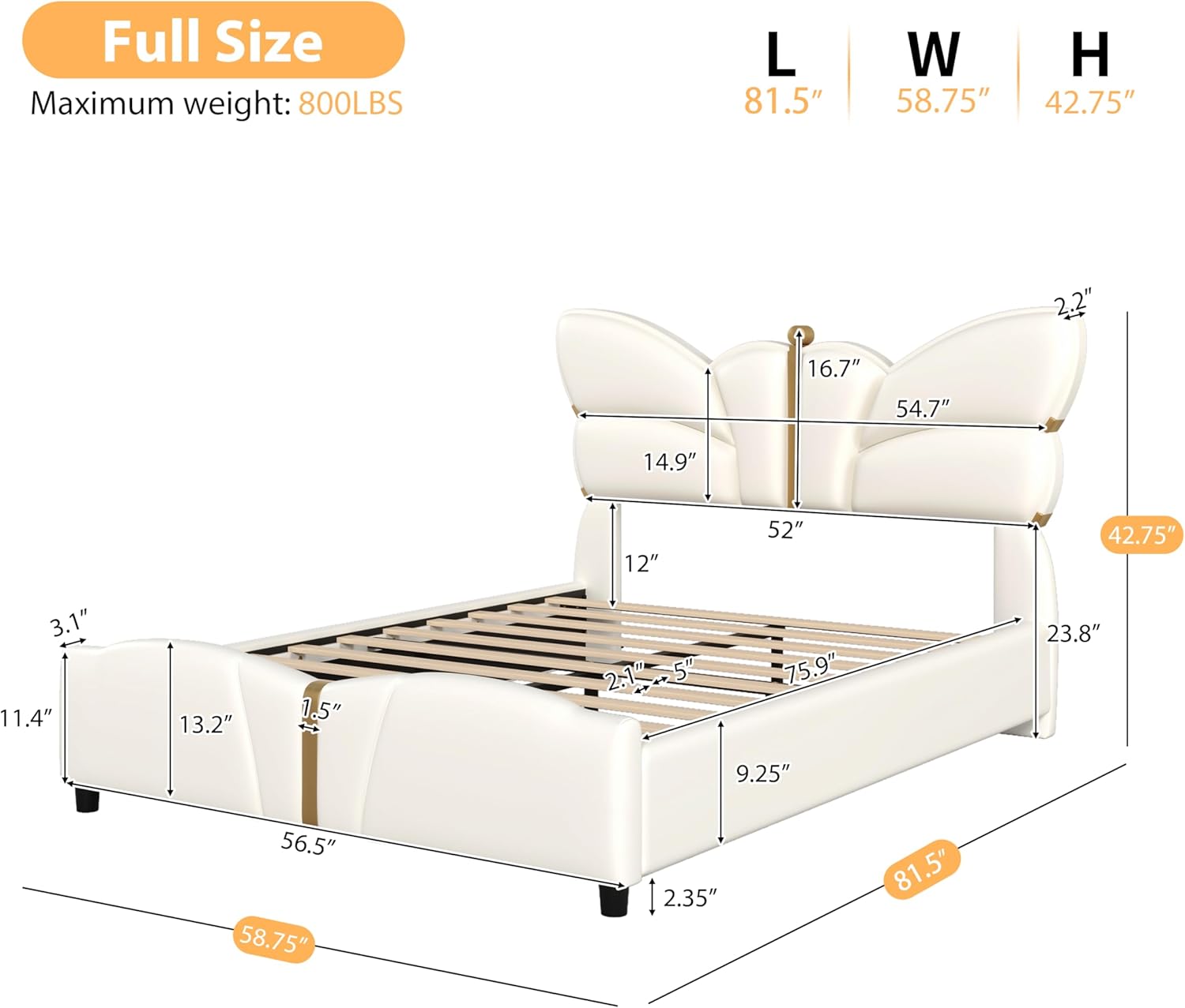 Merax Full Size Upholstered PU Leather Bed Frame with Butterfly Headboard and Footboard, Modern Platform Bed with Gold Metal Accents, Wooden Slat Support, No Box Spring Needed, Easy Assembly,Beige