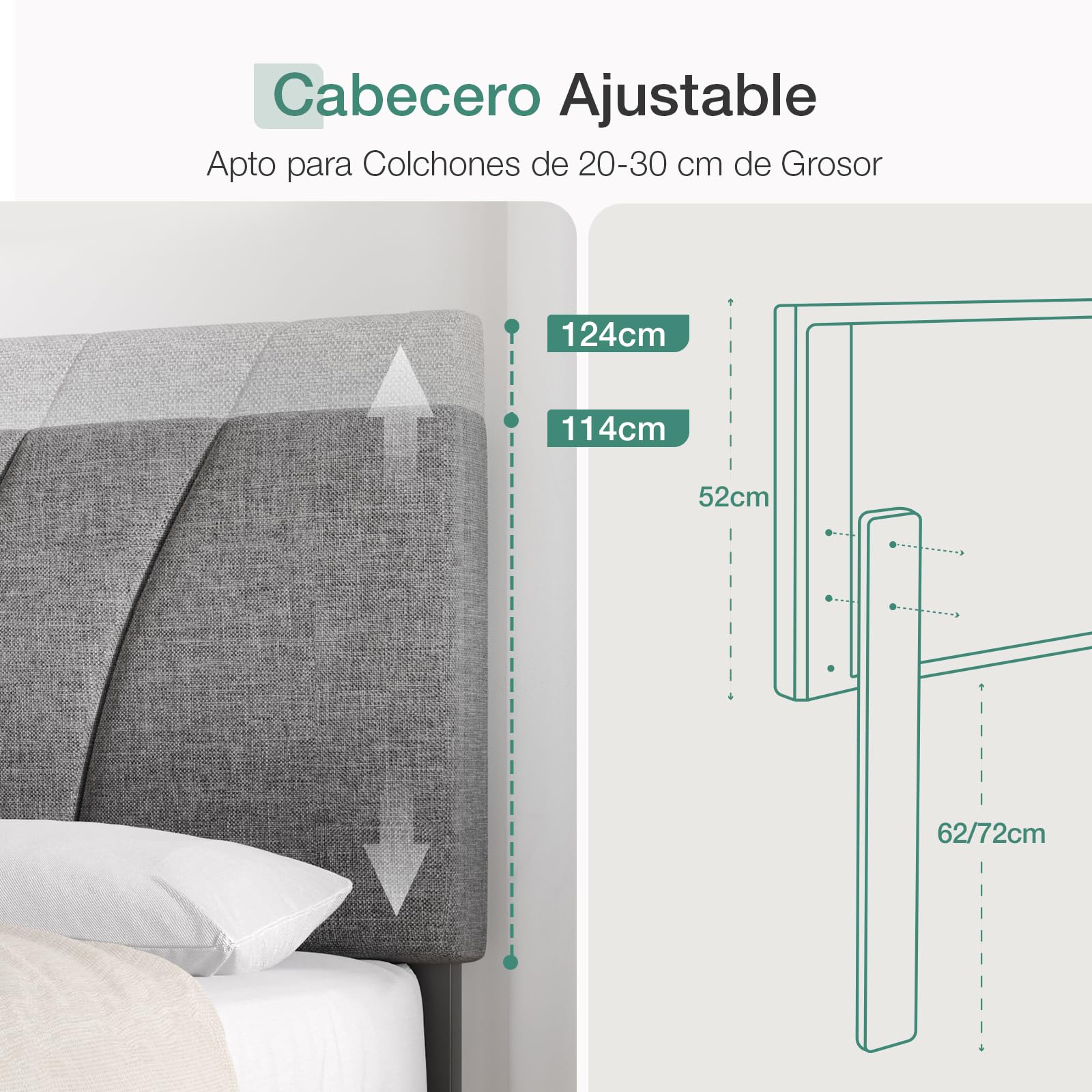 Novilla Somier 180 x 200 cm de Listones de Madera, Estructura de Cama de Laminas de chopo, cabecero tapizado Alto y cómodo de apoyarse, Fácil de Montar, Gris