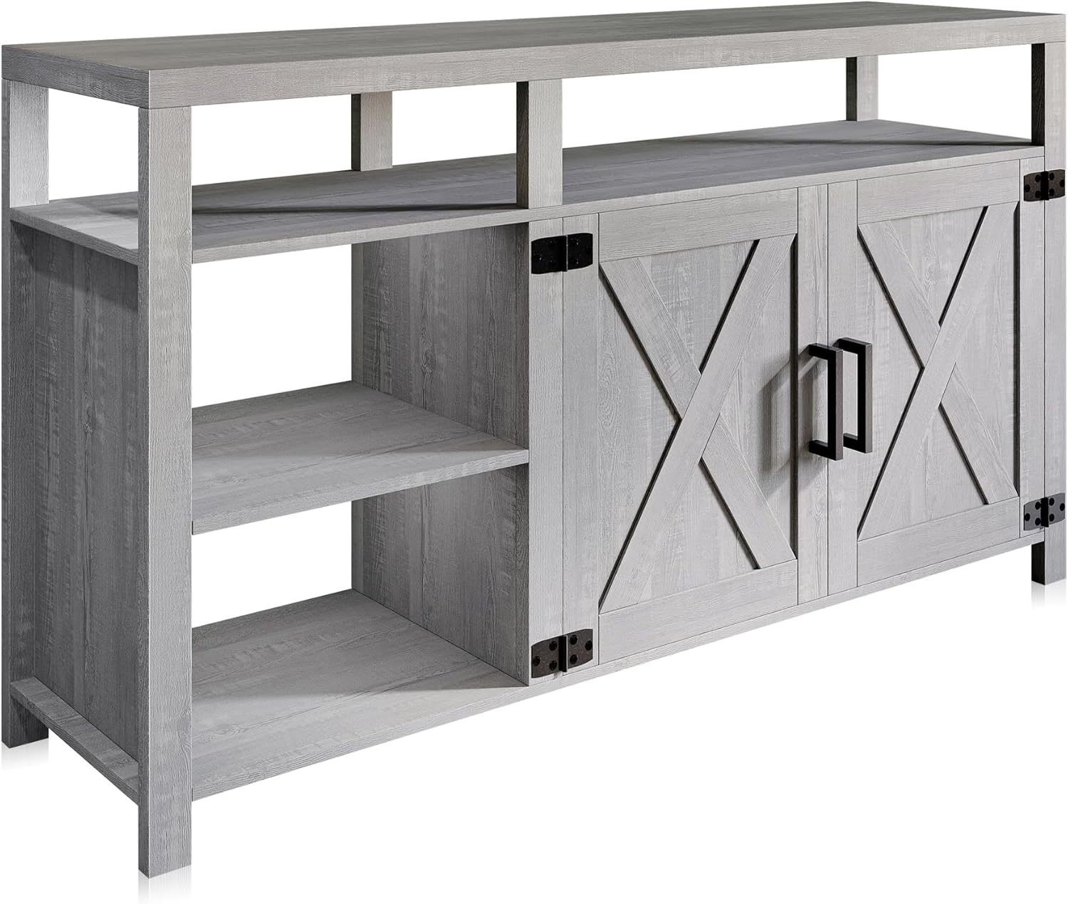 BELLEZE Rustic 62 Inch Modern TV Stand Fits TVs Up to 70 Inch, Storage Entertainment Center Console with Window Pane Glass Cabinet Doors and Adjustable Shelves - Trussati (Rustic Gray)