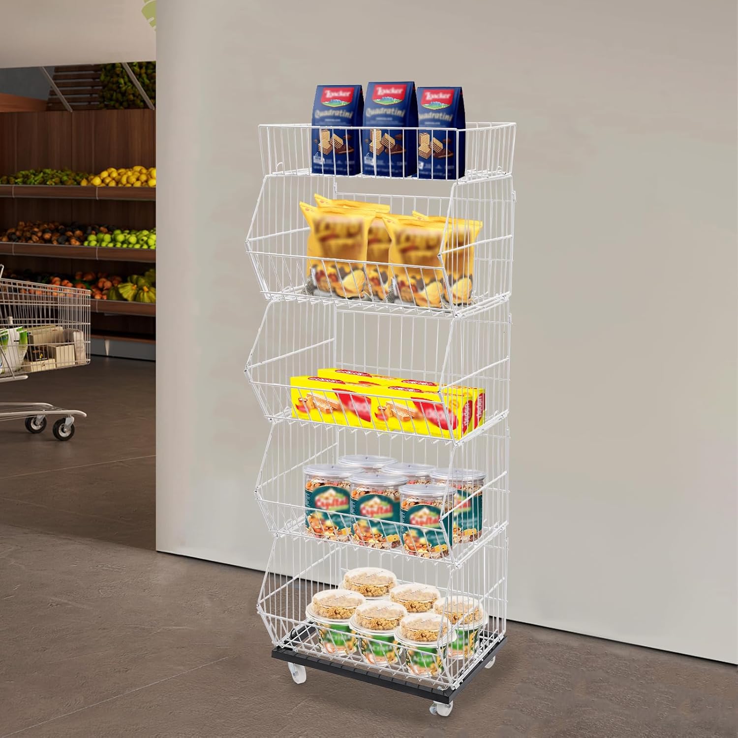 5 Tier Snack Rack Display Stand, Retail Display Shelves with Wheels, 55" Freestanding Metal Snack Organizer Cart, Heavy Duty Concession Chip Shelf Rack for Stores, Kitchen, Office (White)